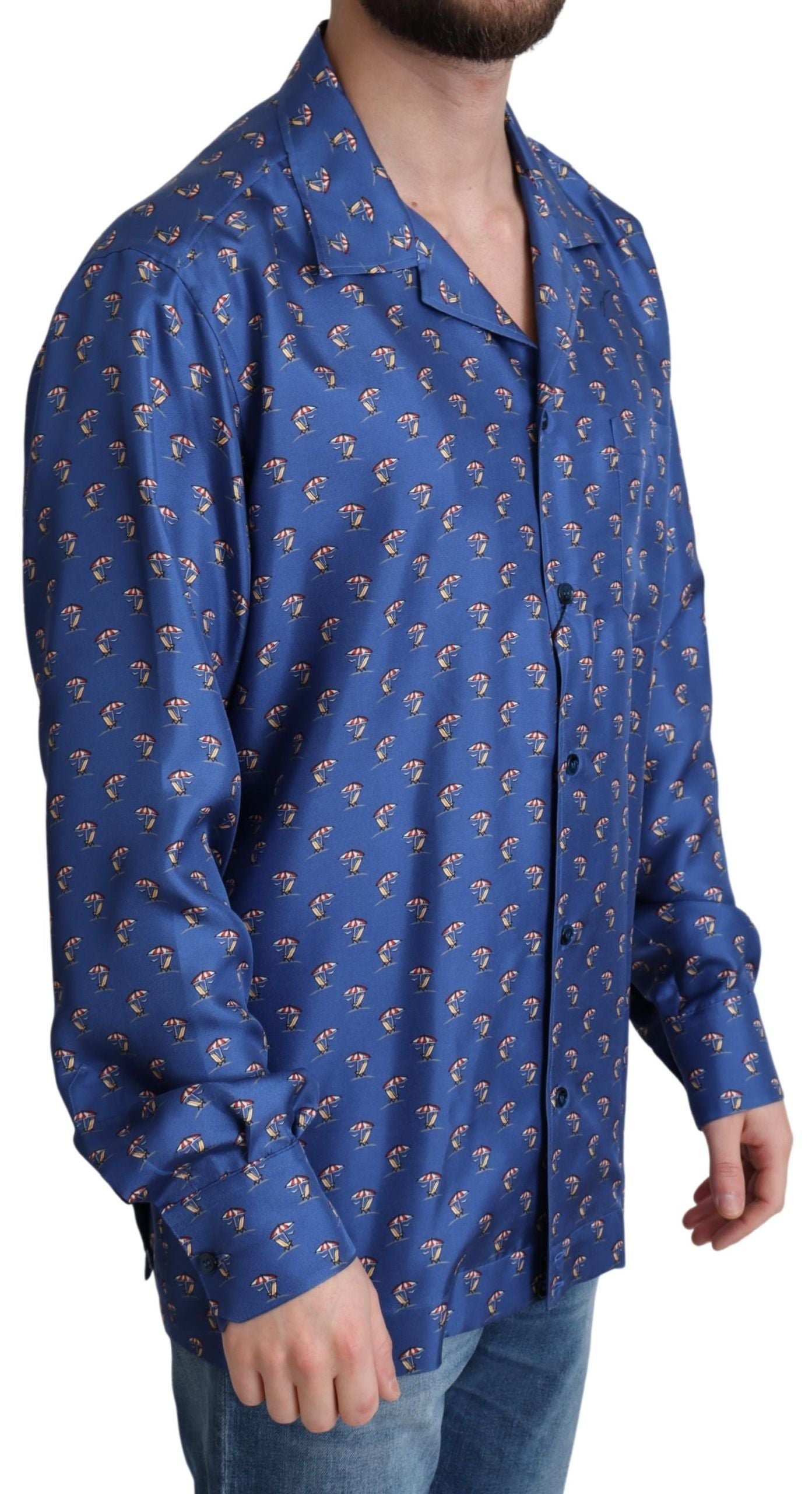 Dolce & Gabbana Blaues Strandkorb-Schirmchen Print Seidenhemd-2