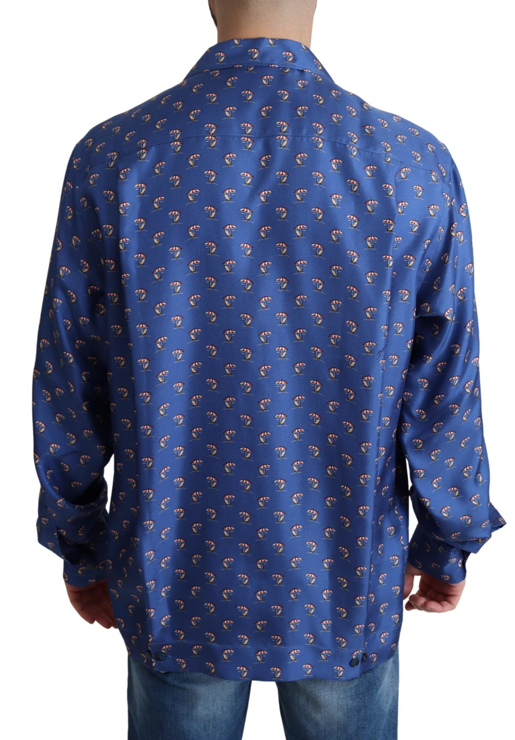 Dolce & Gabbana Blaues Strandkorb-Schirmchen Print Seidenhemd-3