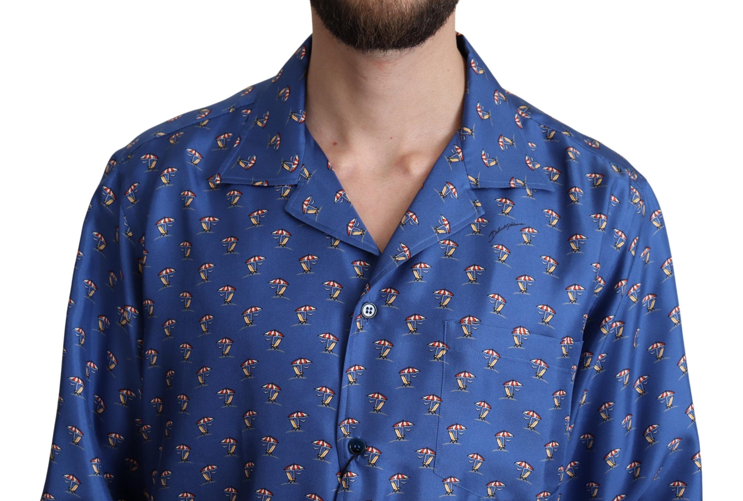 Dolce & Gabbana Blaues Strandkorb-Schirmchen Print Seidenhemd-4