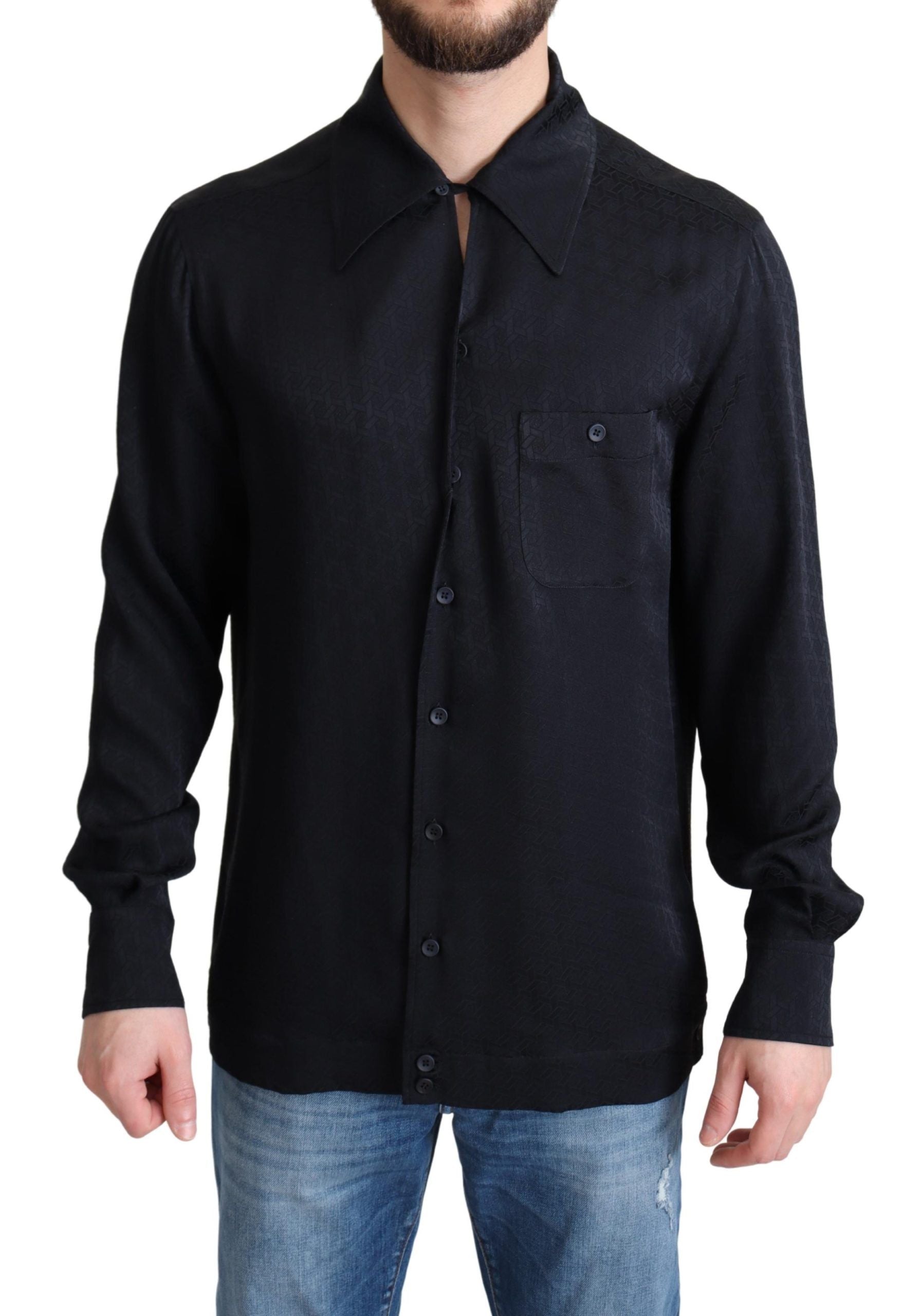 Dolce & Gabbana Black Jacquard Silk Shirt Casual Button Down