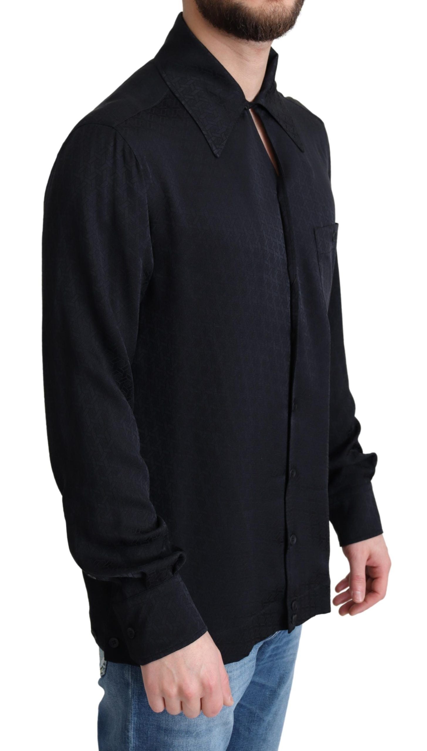 Dolce & Gabbana Black Jacquard Silk Shirt Casual Button Down-2