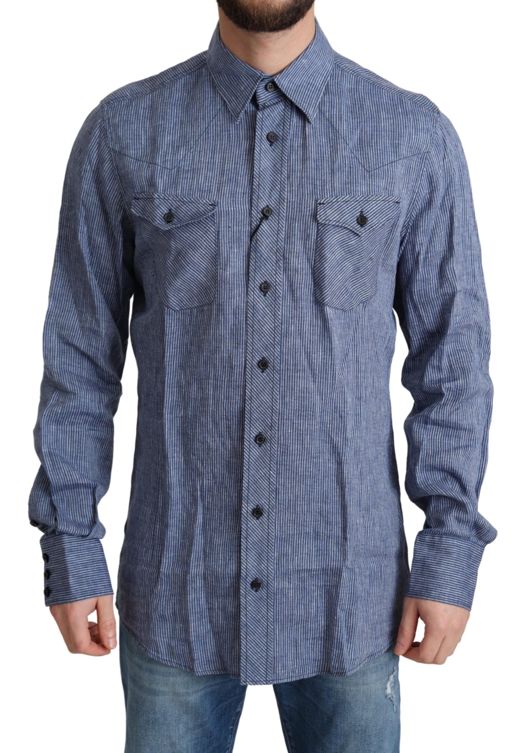 Dolce & Gabbana Blue Stripes Men's Casual Button Down Shirt-1