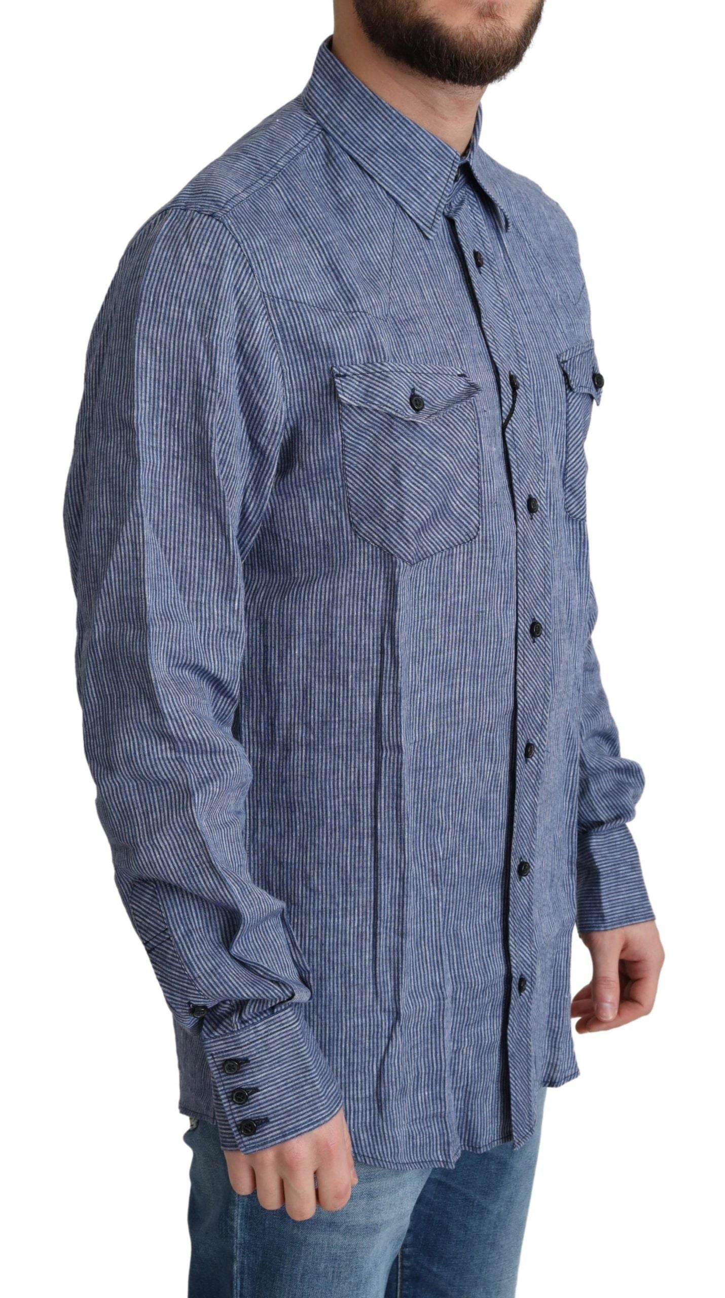 Dolce & Gabbana Blue Stripes Men's Casual Button Down Shirt-2