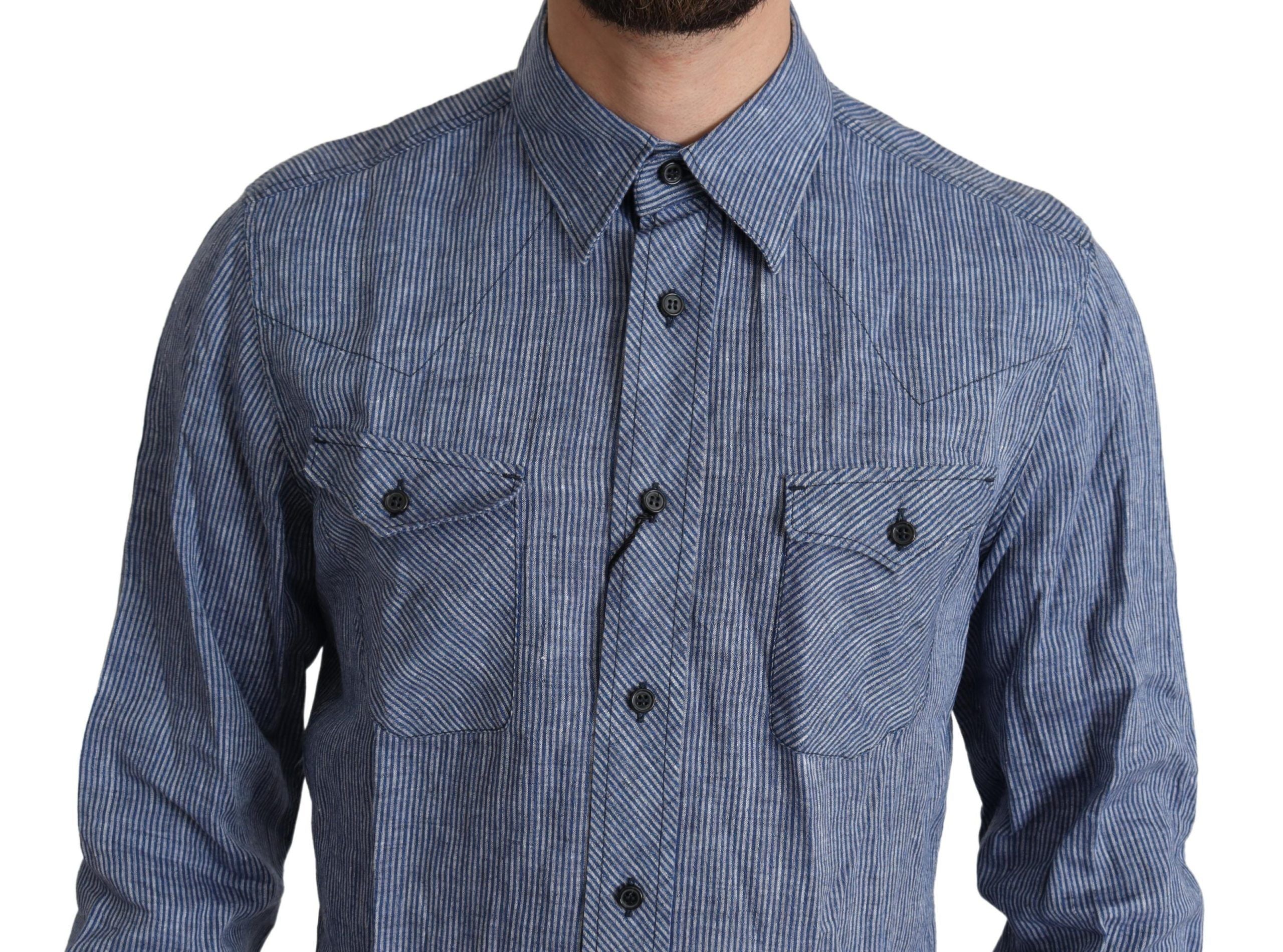 Dolce & Gabbana Blue Stripes Men's Casual Button Down Shirt-4