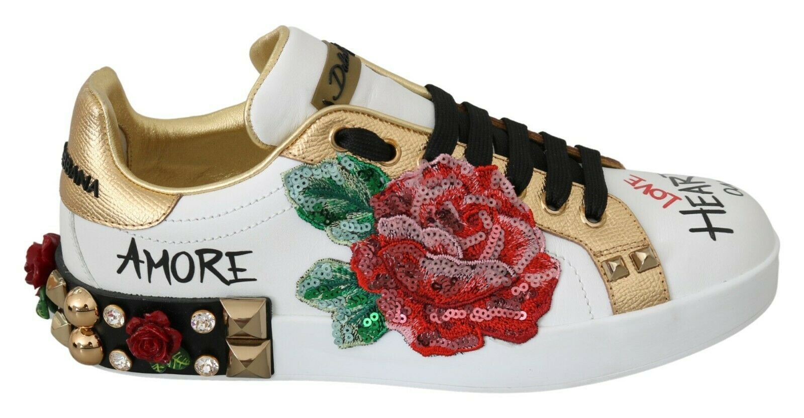 Dolce & Gabbana White Rose Sequin Crystal Women's Sneakers Shoes