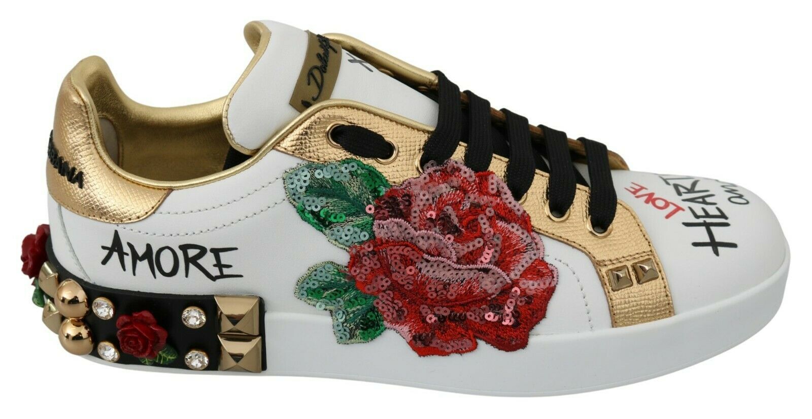 Dolce & Gabbana White Rose Sequin Crystal Women's Sneakers Shoes-2
