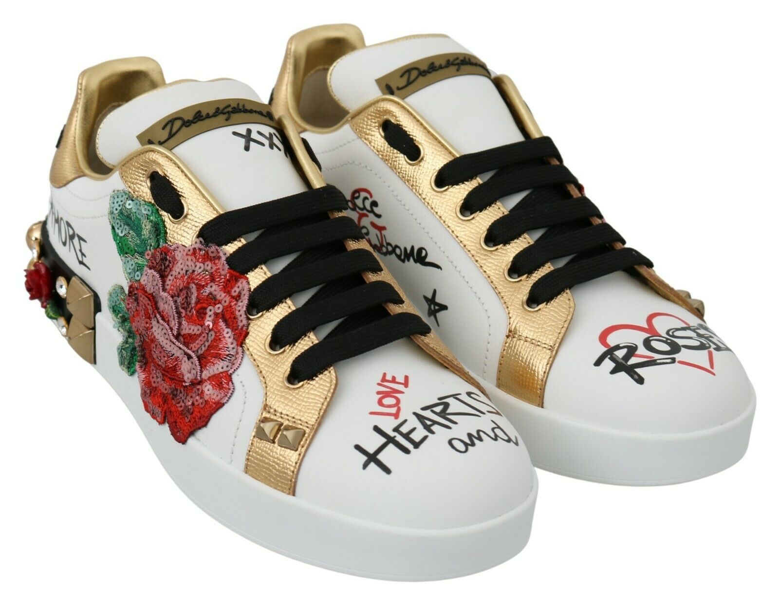 Dolce & Gabbana White Rose Sequin Crystal Women's Sneakers Shoes-8