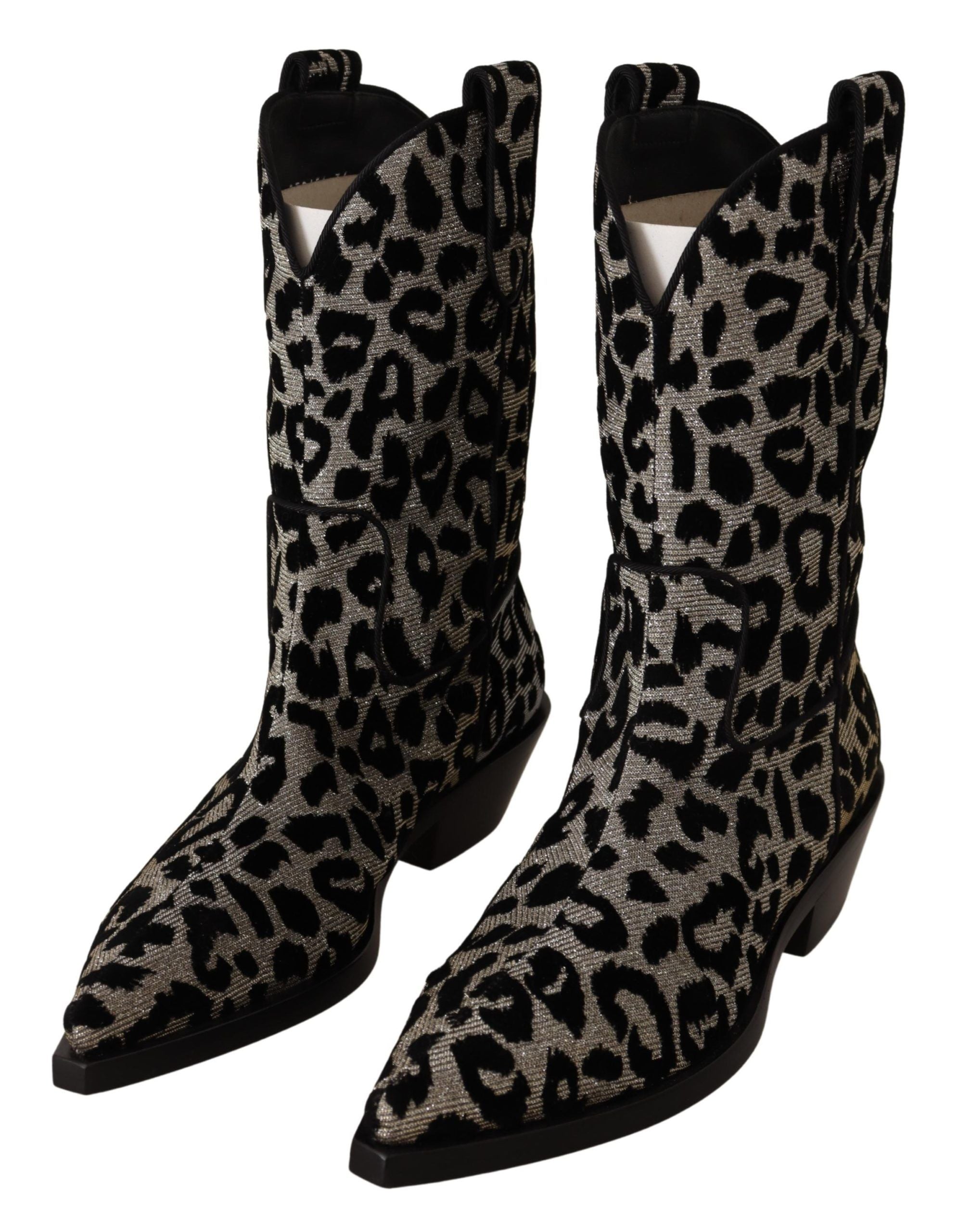 Dolce & Gabbana Grau Schwarz Leopard Cowboy Stiefel Schuhe-3