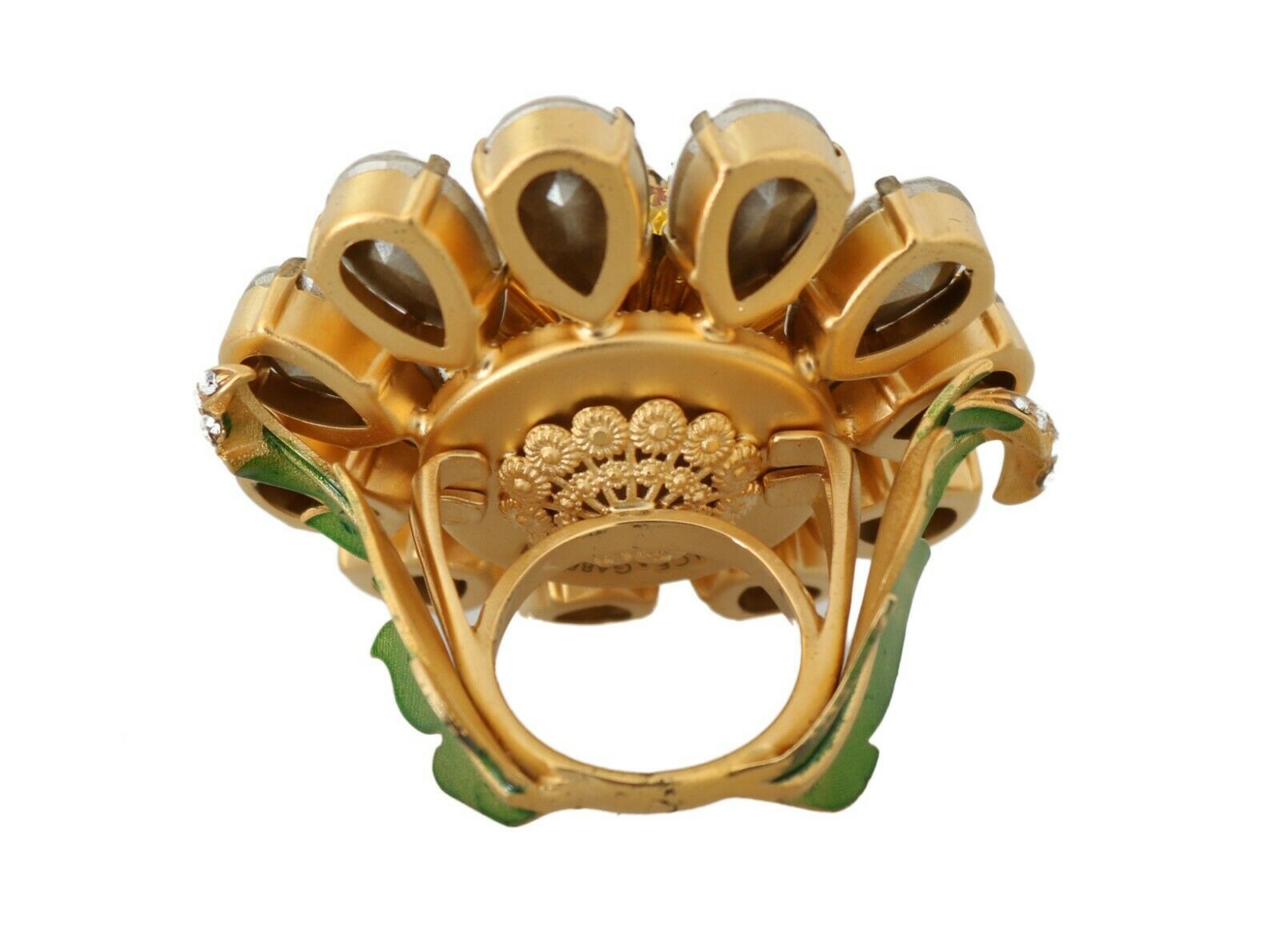 Dolce & Gabbana Gold Messing Gelb Kristall Blume Ring-2