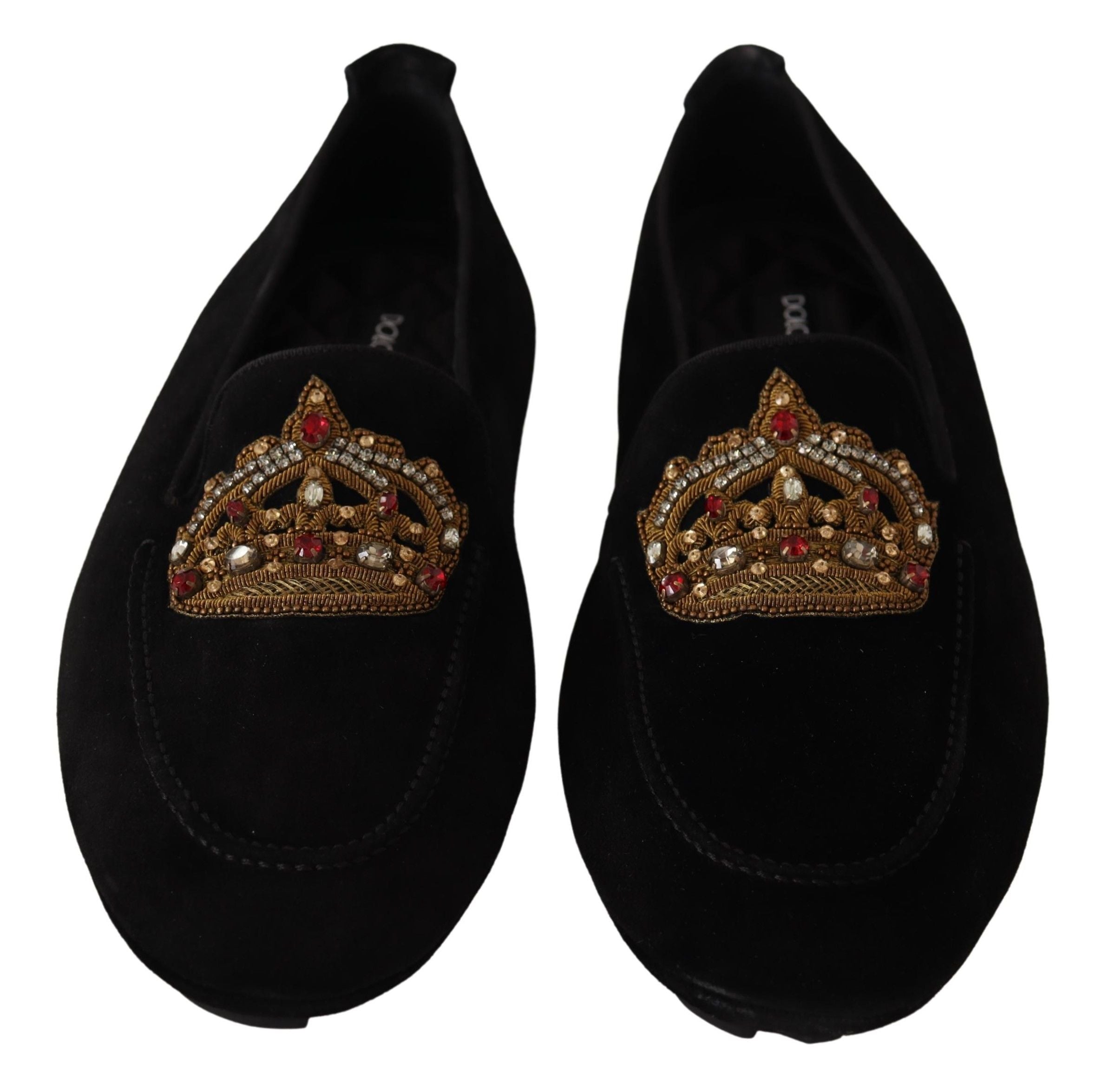 Dolce & Gabbana Black Leather Crystal Gold Crown Loafers Shoes-2