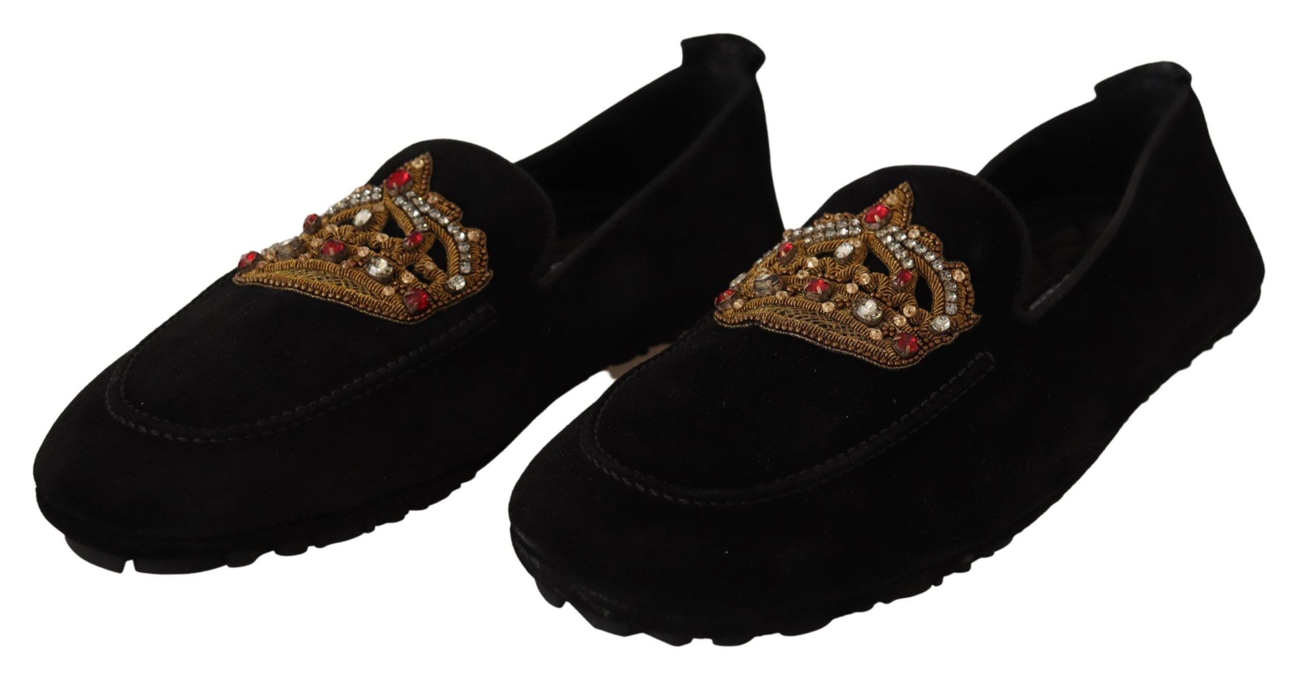 Dolce & Gabbana Black Leather Crystal Gold Crown Loafers Shoes-3