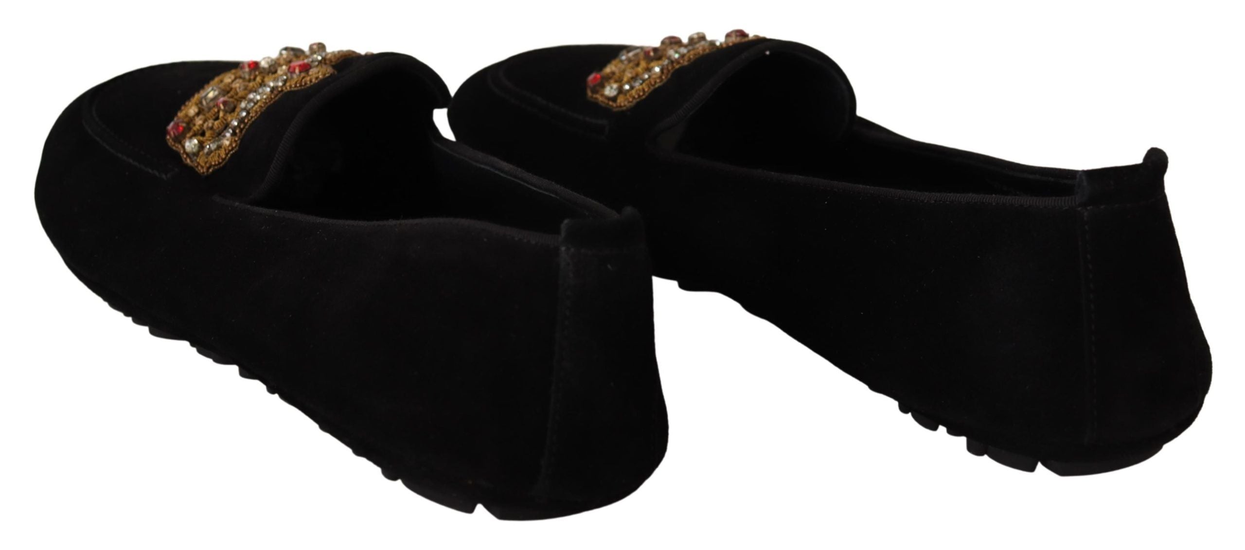 Dolce & Gabbana Black Leather Crystal Gold Crown Loafers Shoes-4