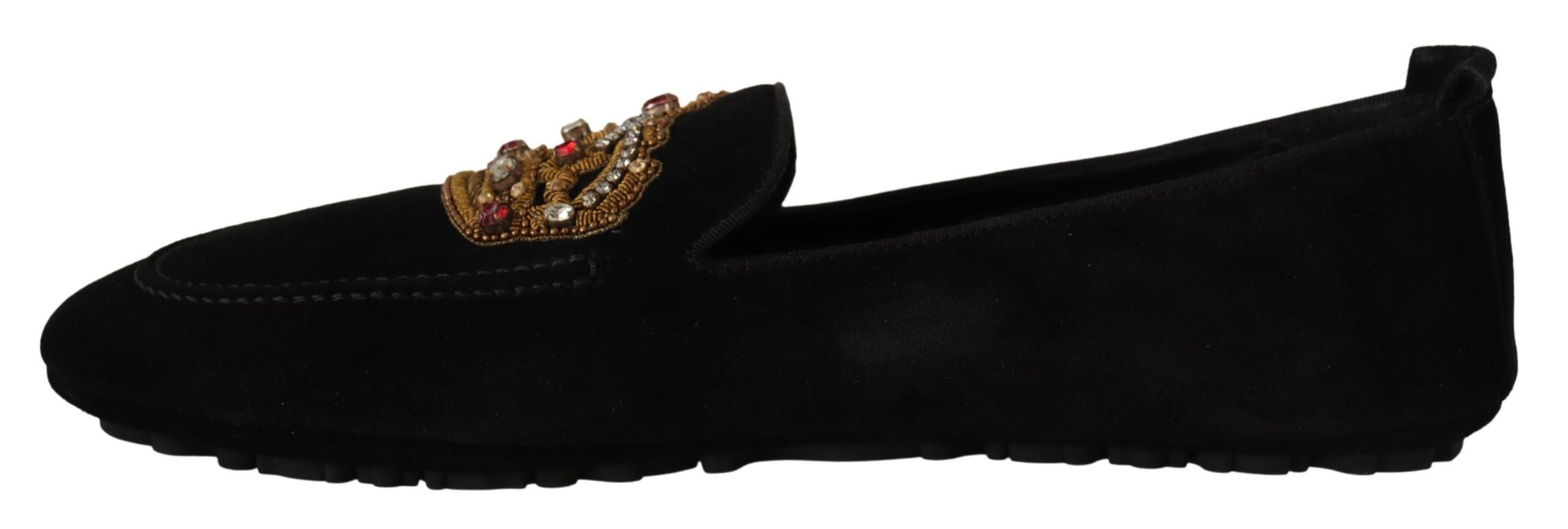 Dolce & Gabbana Black Leather Crystal Gold Crown Loafers Shoes-5
