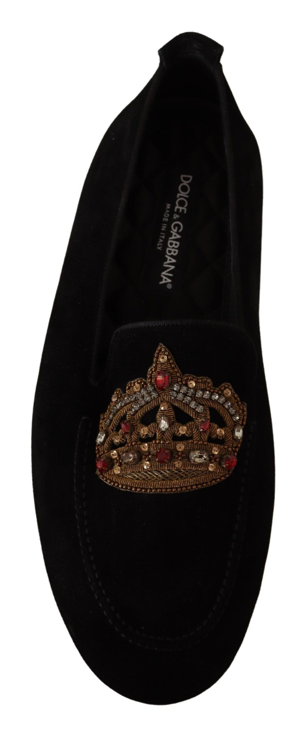 Dolce & Gabbana Black Leather Crystal Gold Crown Loafers Shoes-7