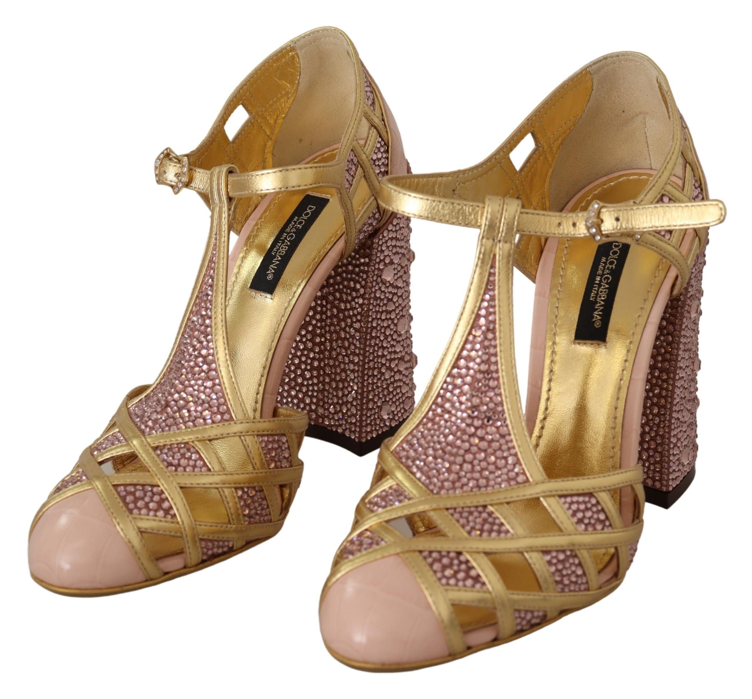 Dolce & Gabbana Rose Gold Leather Crystal Pumps T-Strap Shoes-2