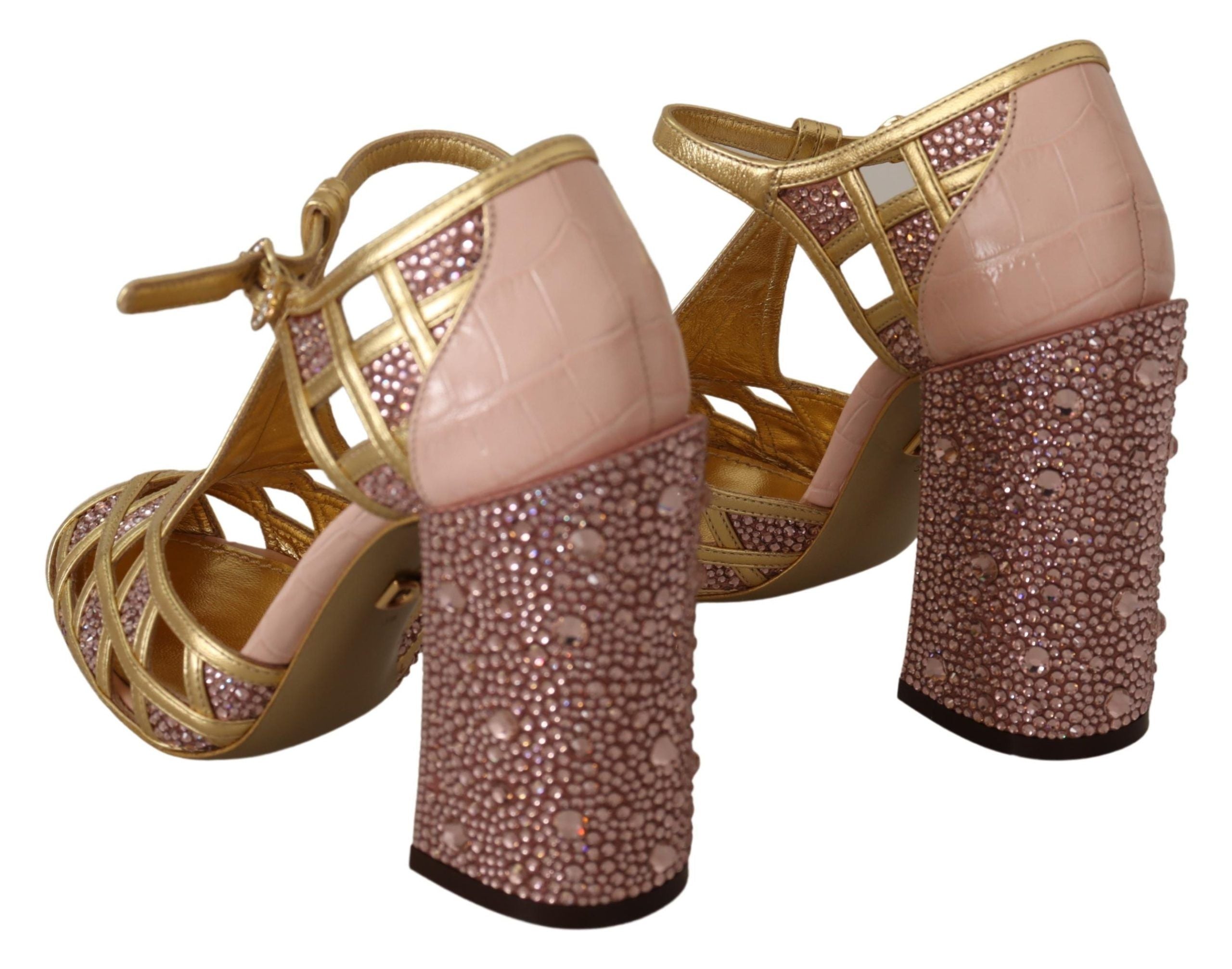 Dolce & Gabbana Rose Gold Leather Crystal Pumps T-Strap Shoes-3