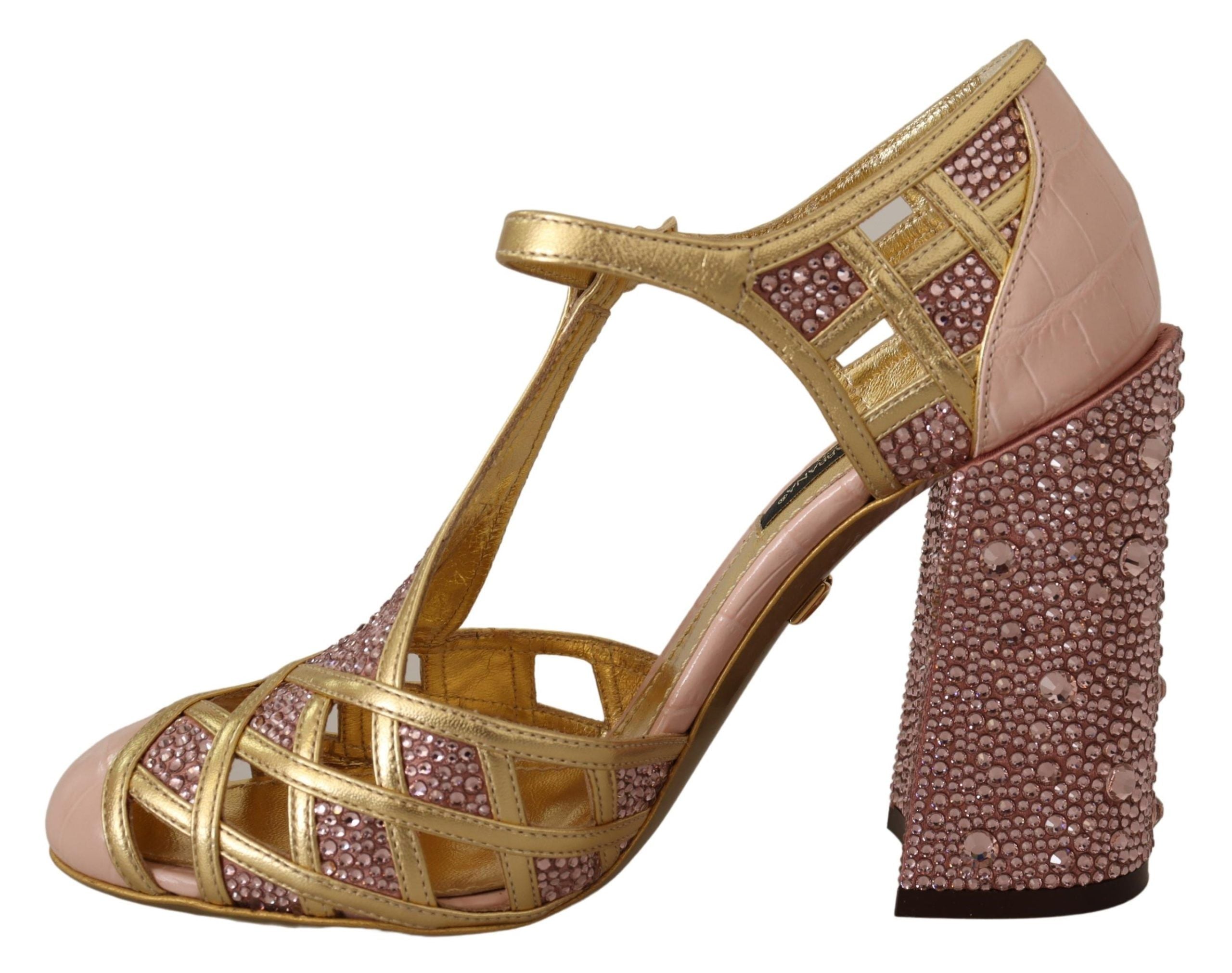 Dolce & Gabbana Rose Gold Leather Crystal Pumps T-Strap Shoes-4