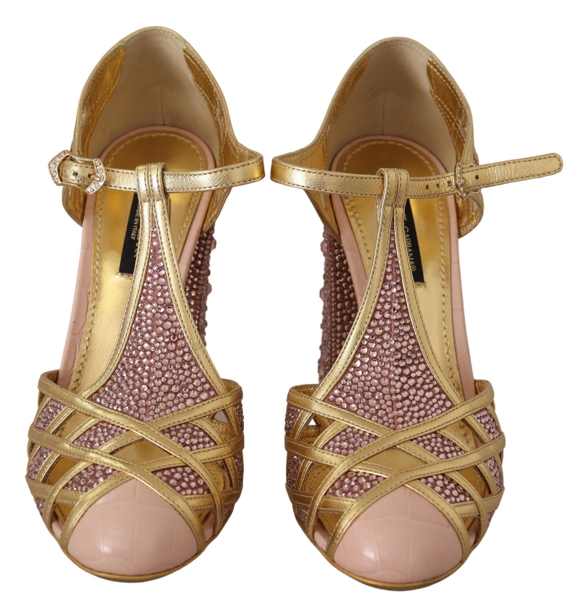 Dolce & Gabbana Rose Gold Leather Crystal Pumps T-Strap Shoes-7