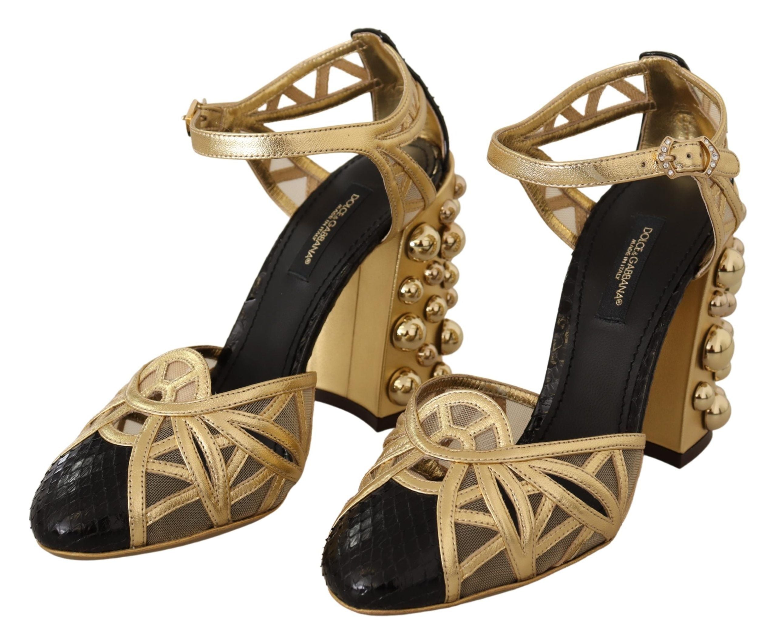 Dolce & Gabbana Black Gold Leather Studded Strappy Shoes-2