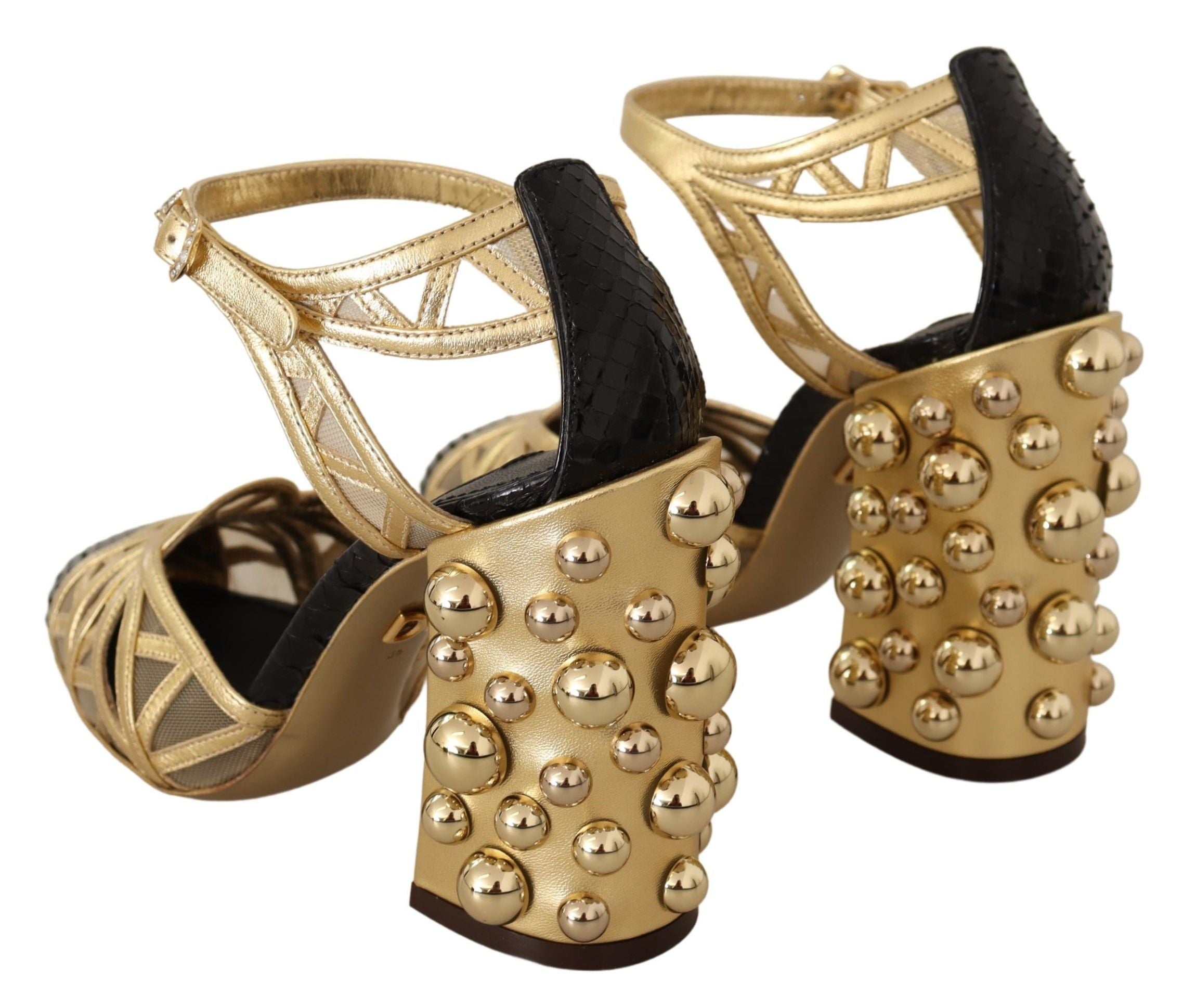 Dolce & Gabbana Black Gold Leather Studded Strappy Shoes-3