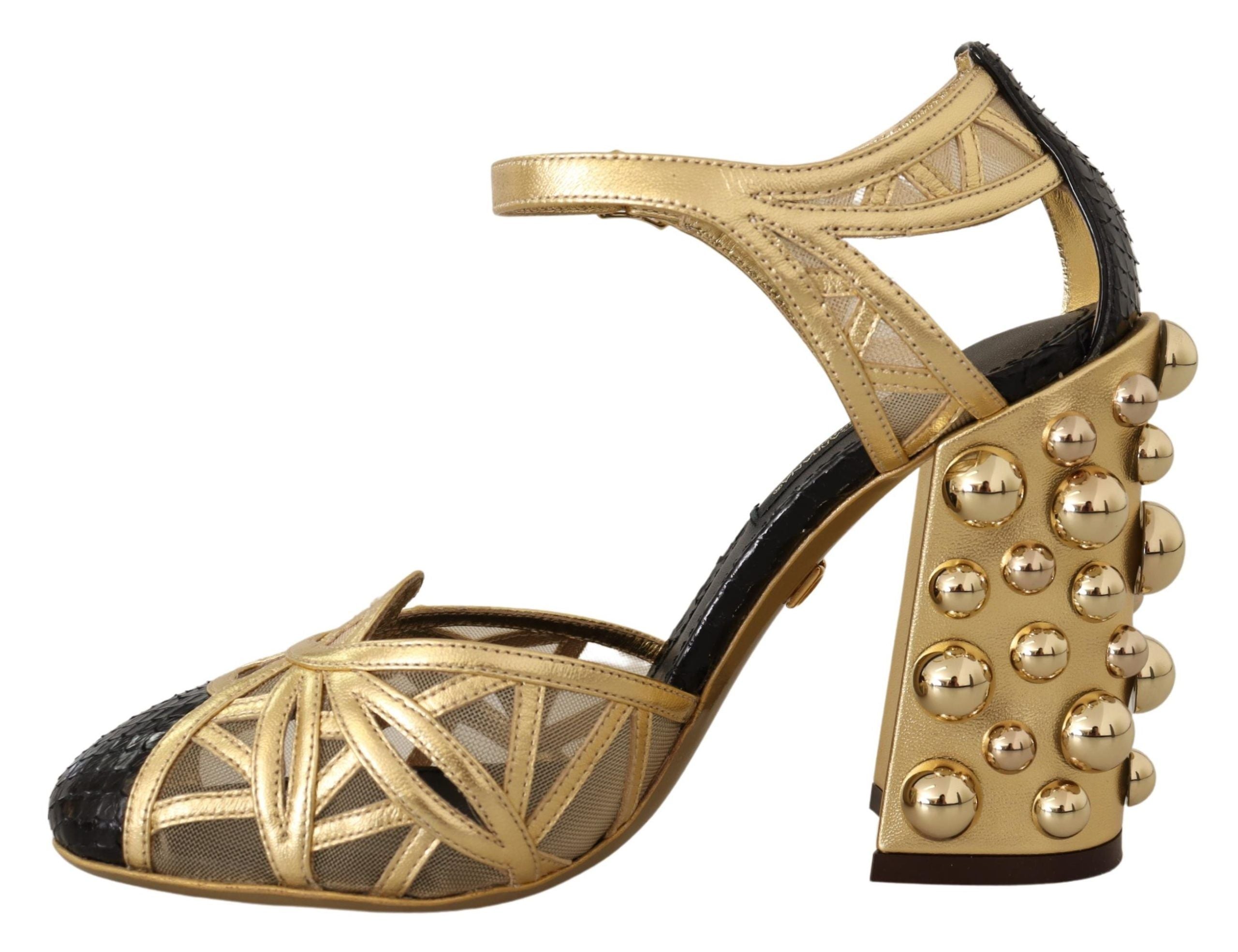 Dolce & Gabbana Black Gold Leather Studded Strappy Shoes-4