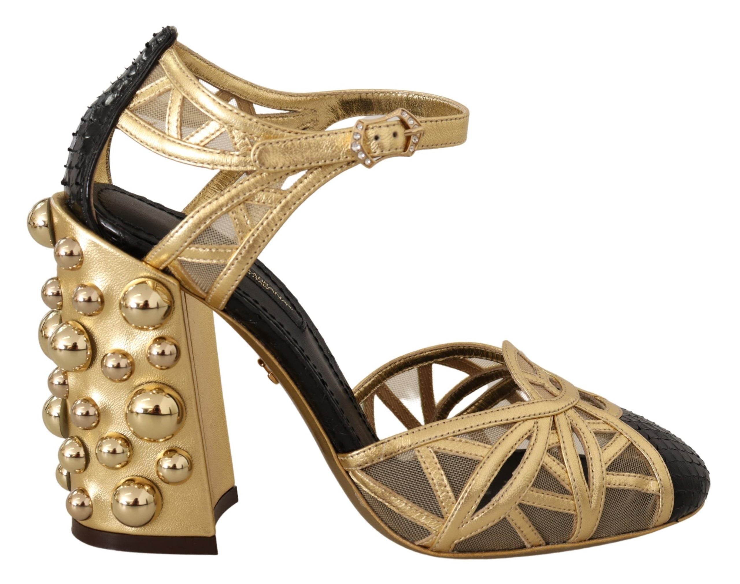 Dolce & Gabbana Black Gold Leather Studded Strappy Shoes