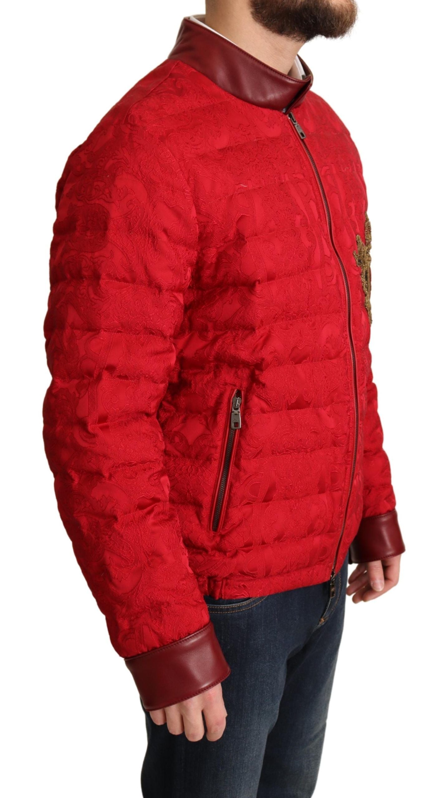 Dolce & Gabbana Red Brocade Bomber Gold Crown Logo Coat Jacket-2
