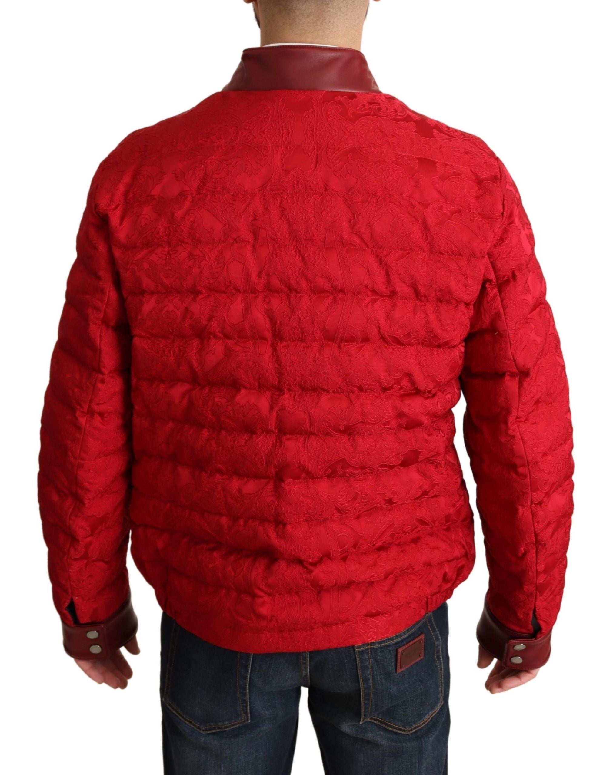 Dolce & Gabbana Red Brocade Bomber Gold Crown Logo Coat Jacket-3