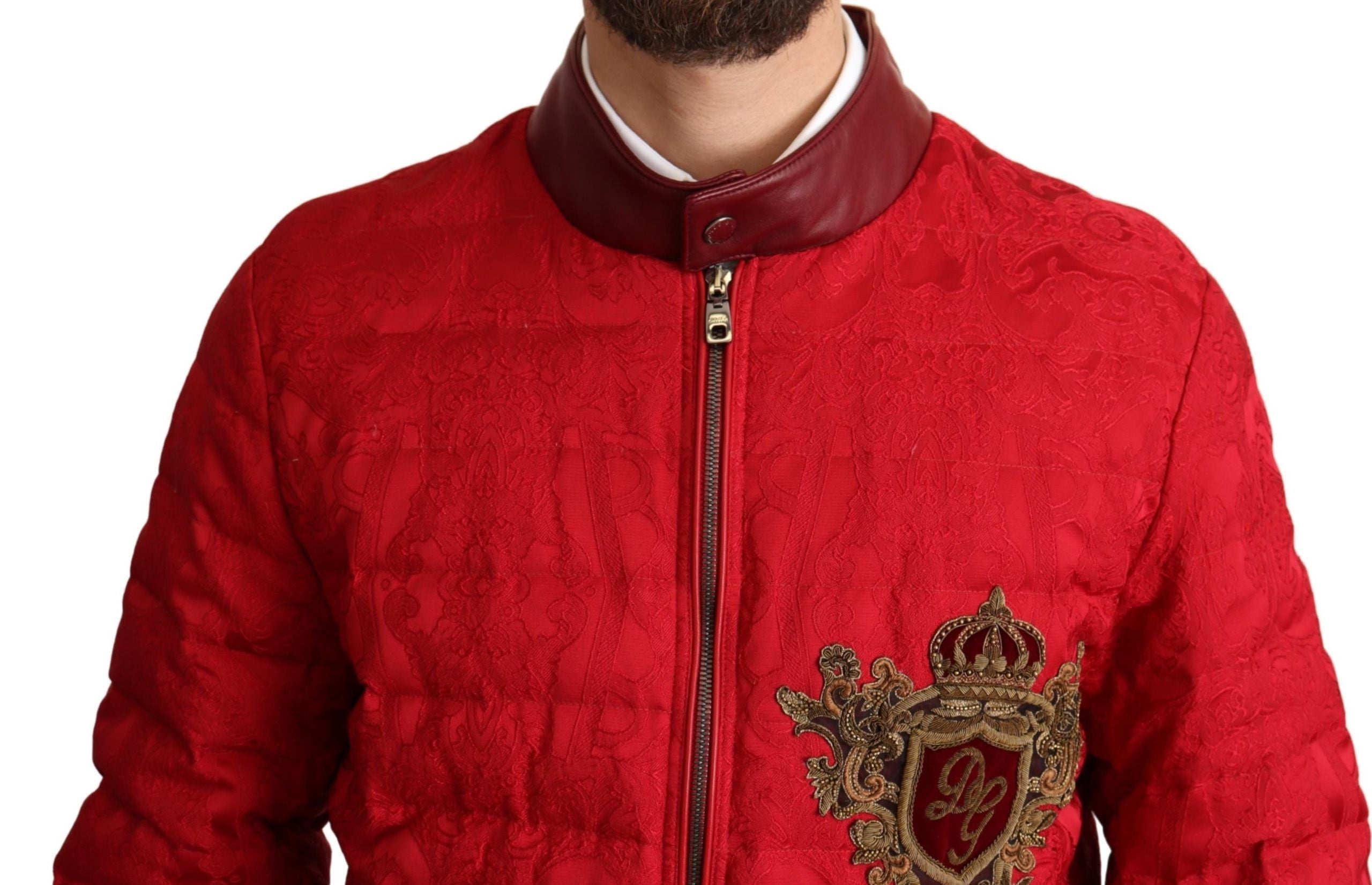 Dolce & Gabbana Red Brocade Bomber Gold Crown Logo Coat Jacket-4