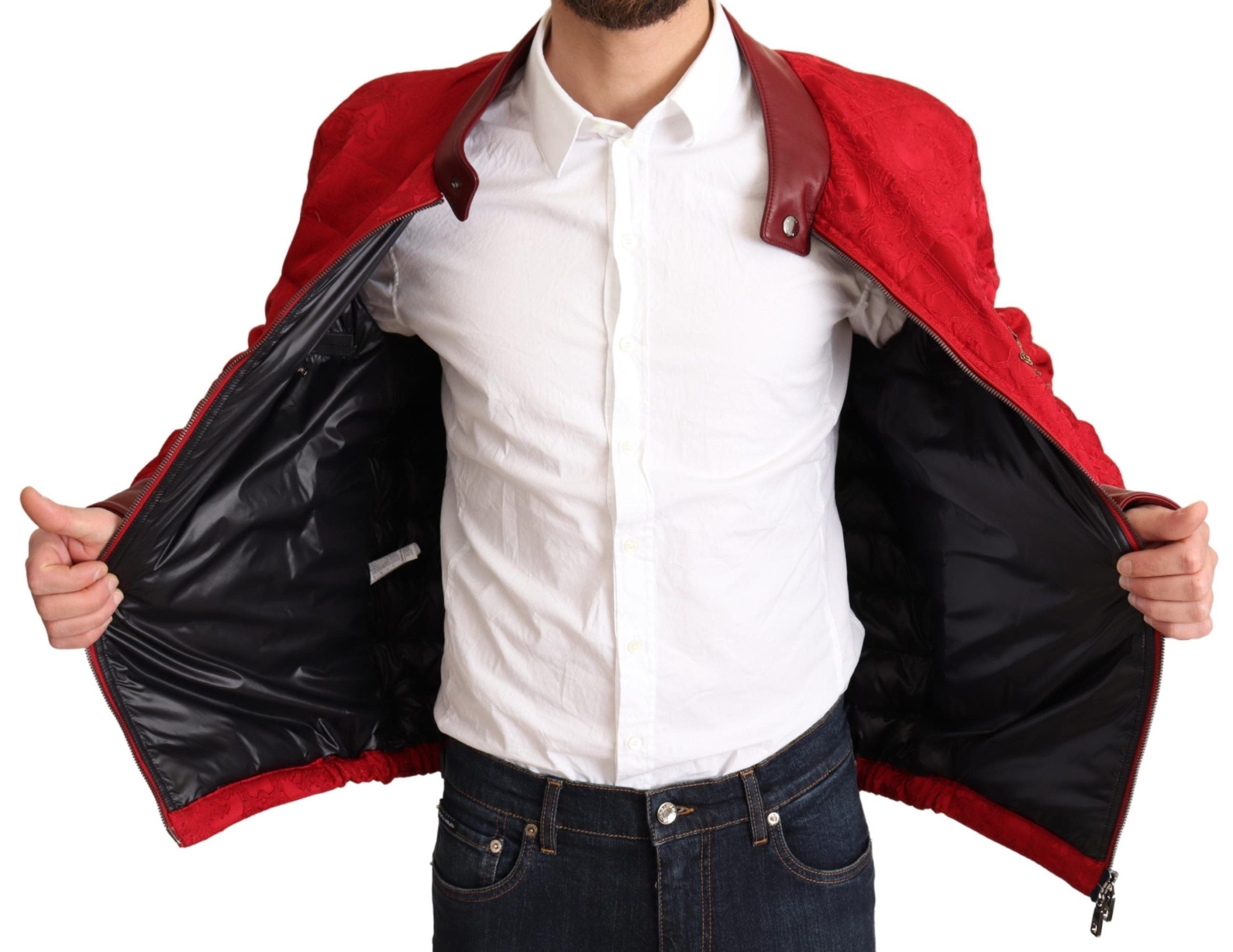 Dolce & Gabbana Red Brocade Bomber Gold Crown Logo Coat Jacket-5