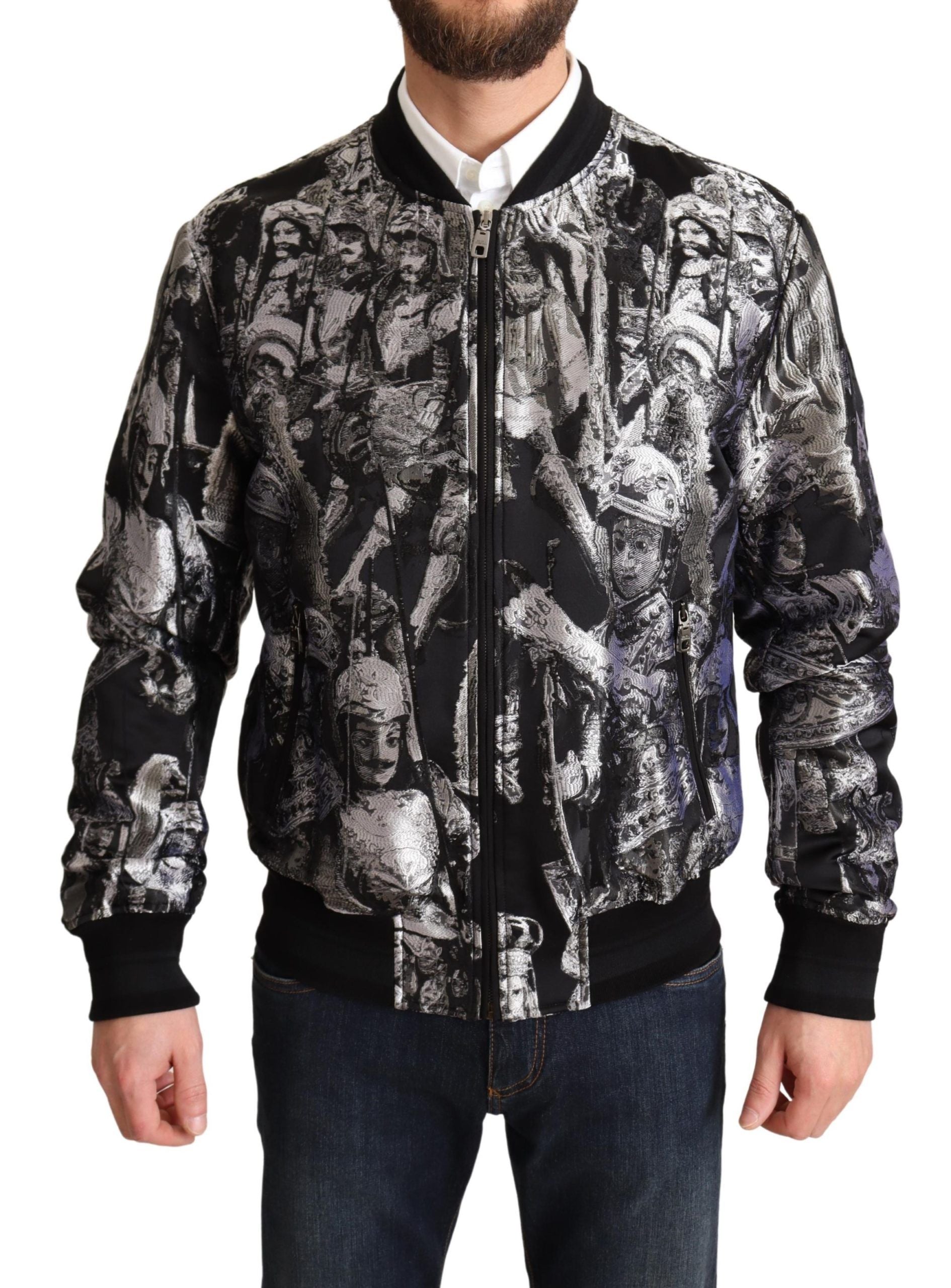 Dolce & Gabbana Black Silver Puppi Motif Bomber Jacket