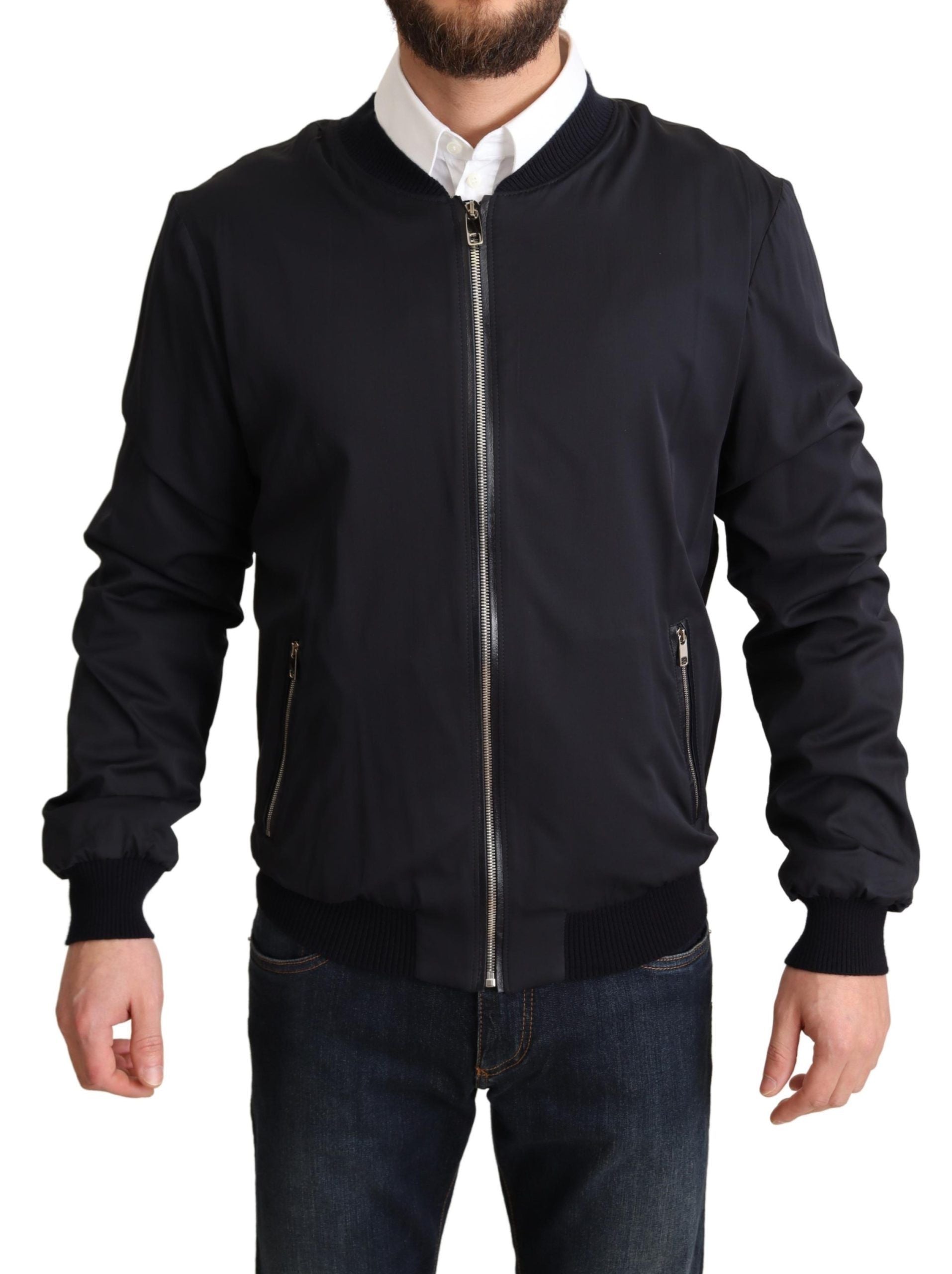 Dolce & Gabbana Blue Silk Coat Short Bomber Men's Jacket