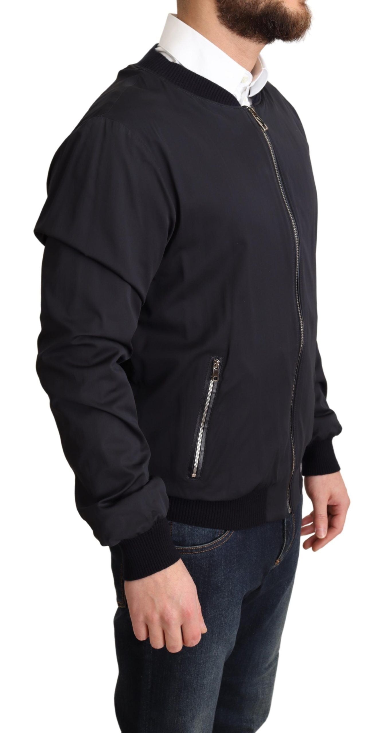 Dolce & Gabbana Blue Silk Coat Short Bomber Men's Jacket-2