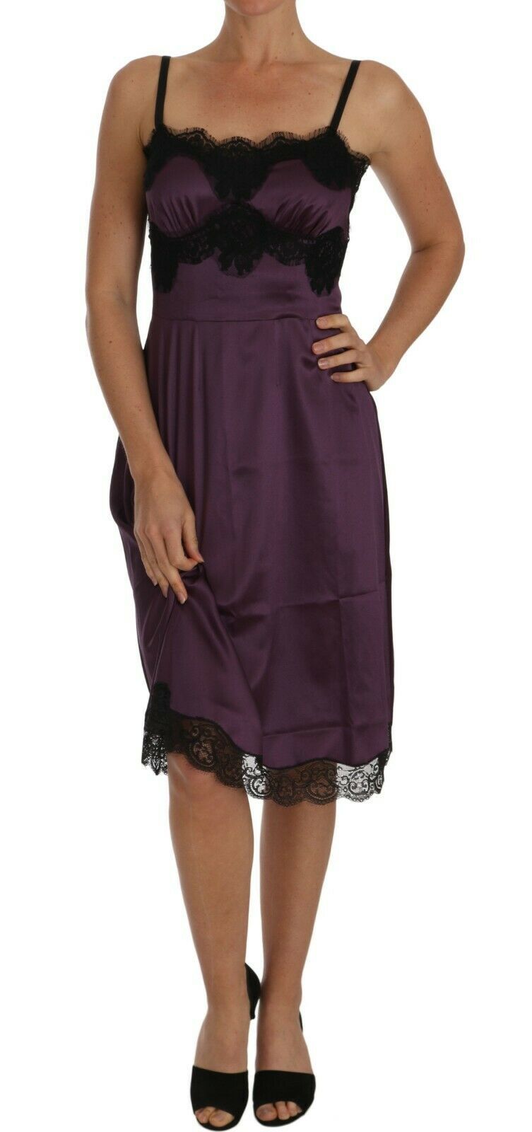 Vestido Dolce & Gabbana de seda elástica lila con encaje negro en corte A-1