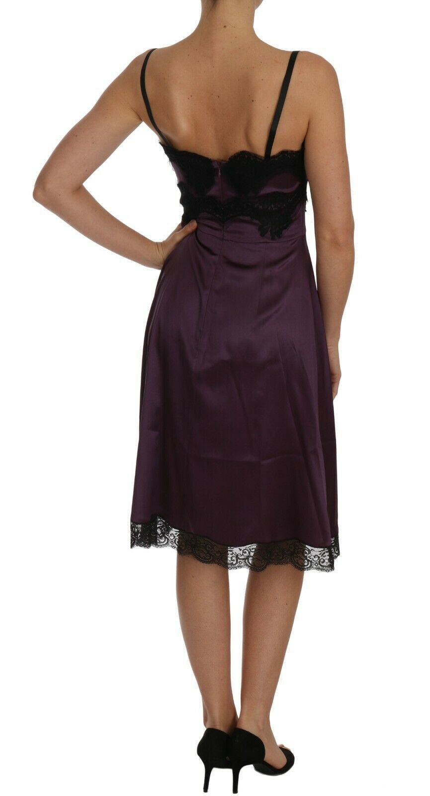 Vestido Dolce & Gabbana de seda elástica lila con encaje negro en corte A-3