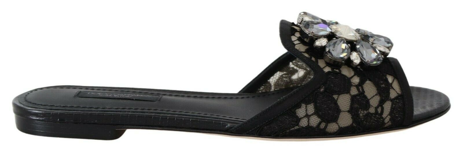 Dolce & Gabbana Black Taormina Lace Slides Crystal Flats Shoes