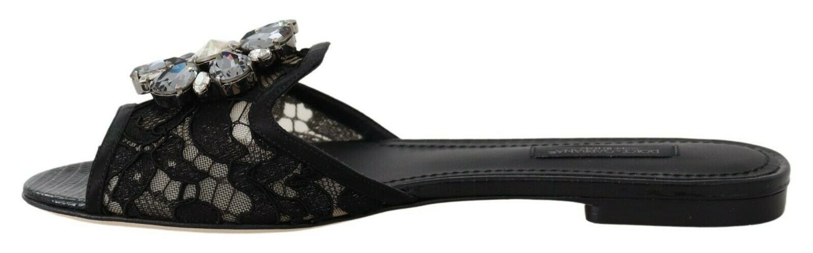 Dolce & Gabbana Black Taormina Lace Slides Crystal Flats Shoes-2