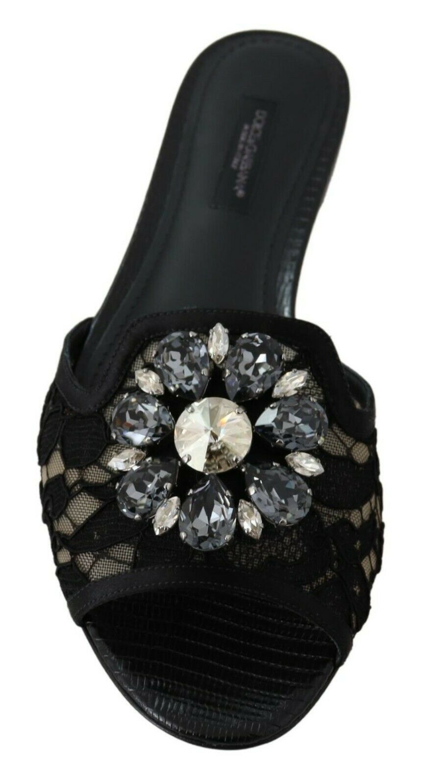 Dolce & Gabbana Black Taormina Lace Slides Crystal Flats Shoes-4