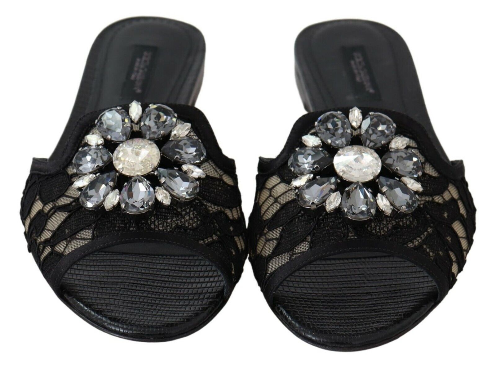 Dolce & Gabbana Black Taormina Lace Slides Crystal Flats Shoes-5