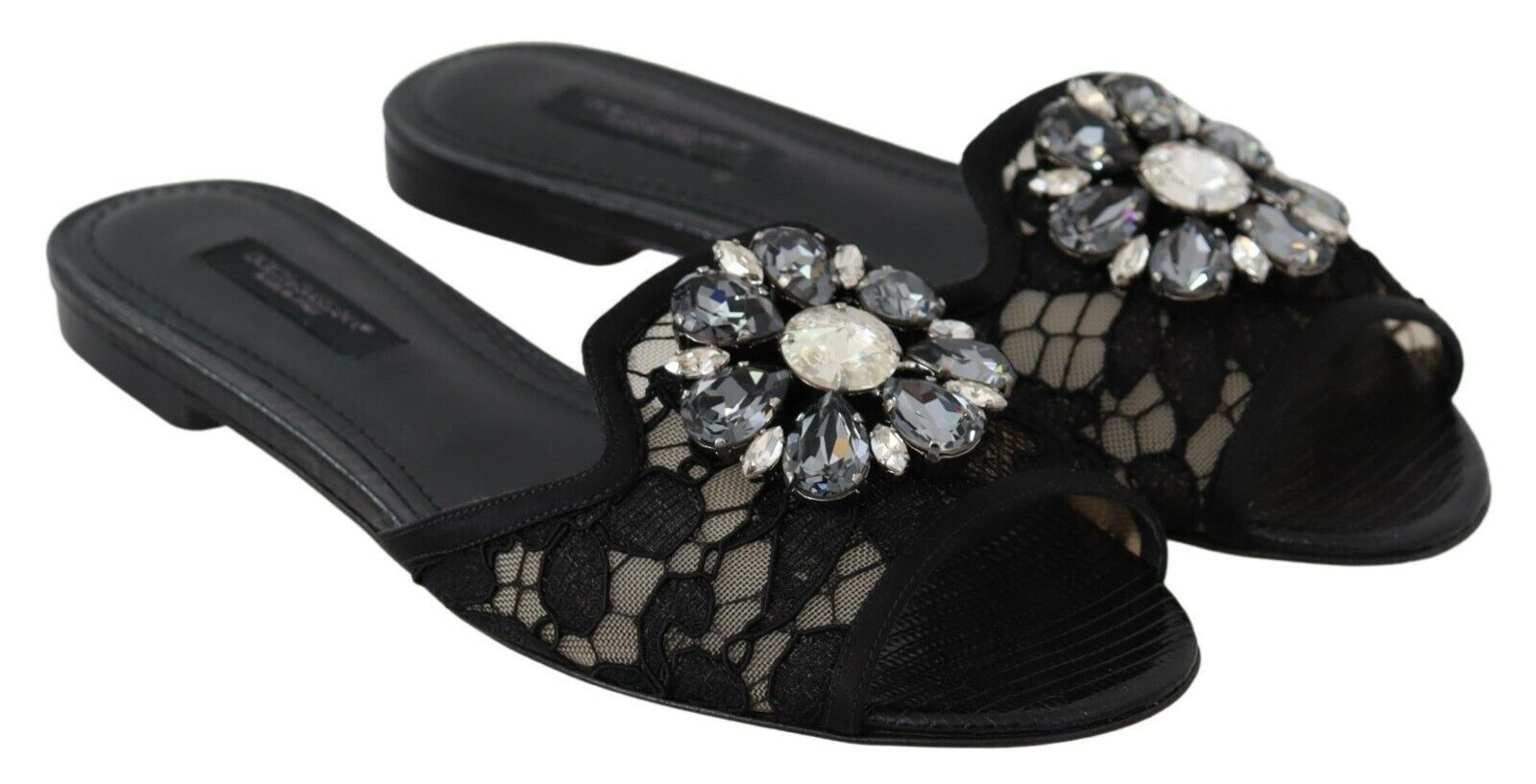 Dolce & Gabbana Black Taormina Lace Slides Crystal Flats Shoes-6