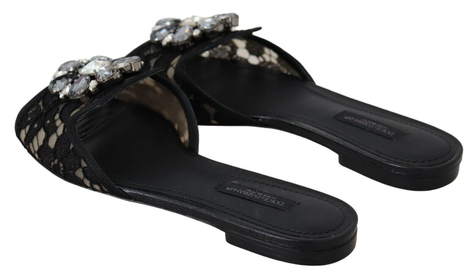 Dolce & Gabbana Black Taormina Lace Slides Crystal Flats Shoes-7