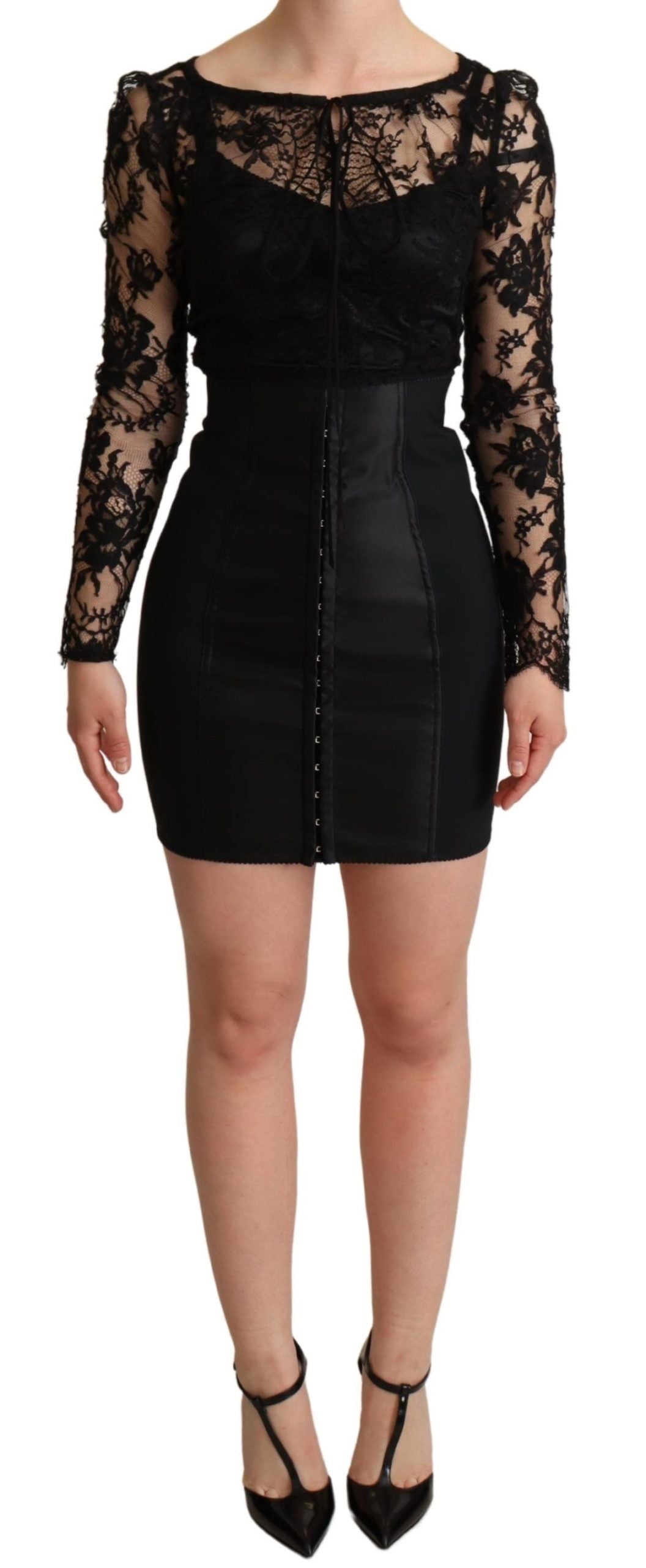 Dolce & Gabbana Black Bodycon Mini Dress with Lace Top-1