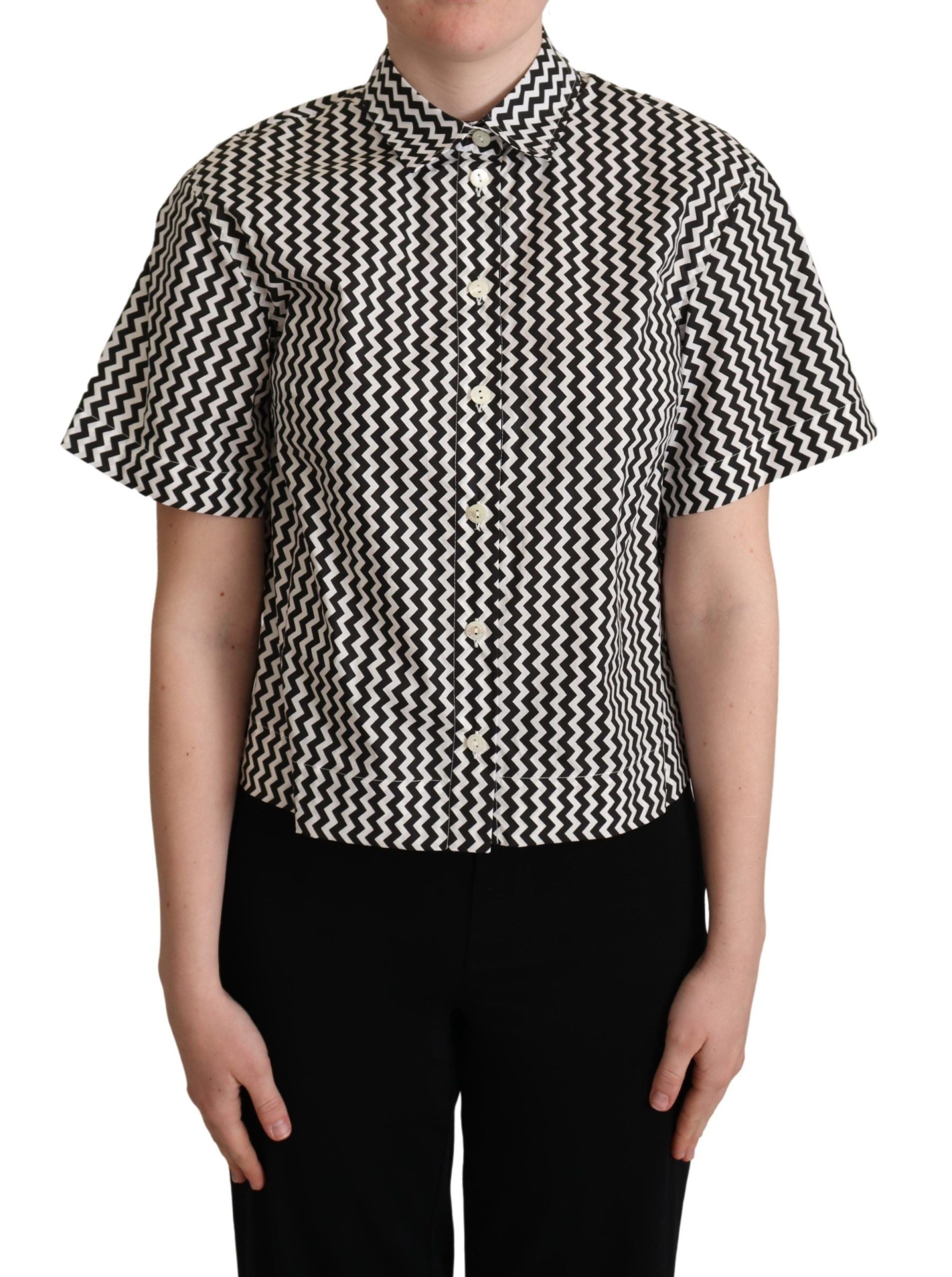 Dolce & Gabbana Schwarz Weiß Zickzack Kragen Baumwolle Top Shirt-1