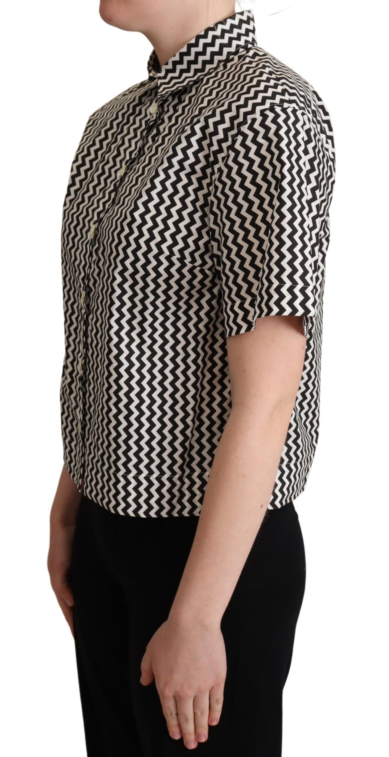 Dolce & Gabbana Schwarz Weiß Zickzack Kragen Baumwolle Top Shirt-2