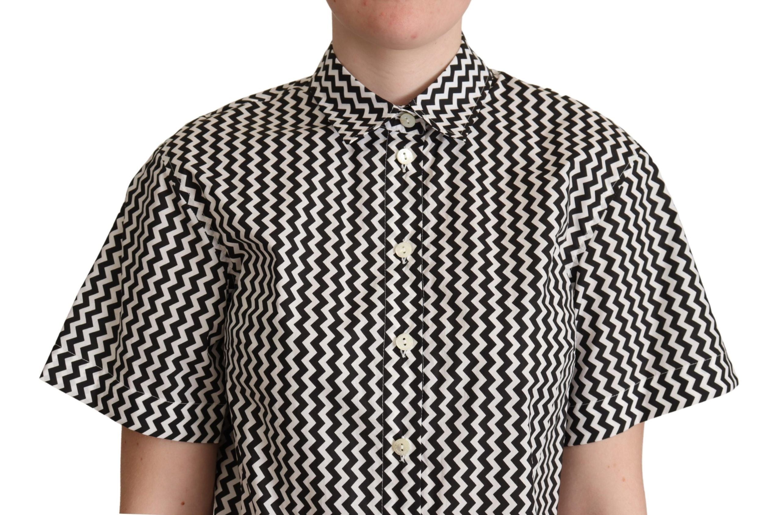 Dolce & Gabbana Schwarz Weiß Zickzack Kragen Baumwolle Top Shirt-4