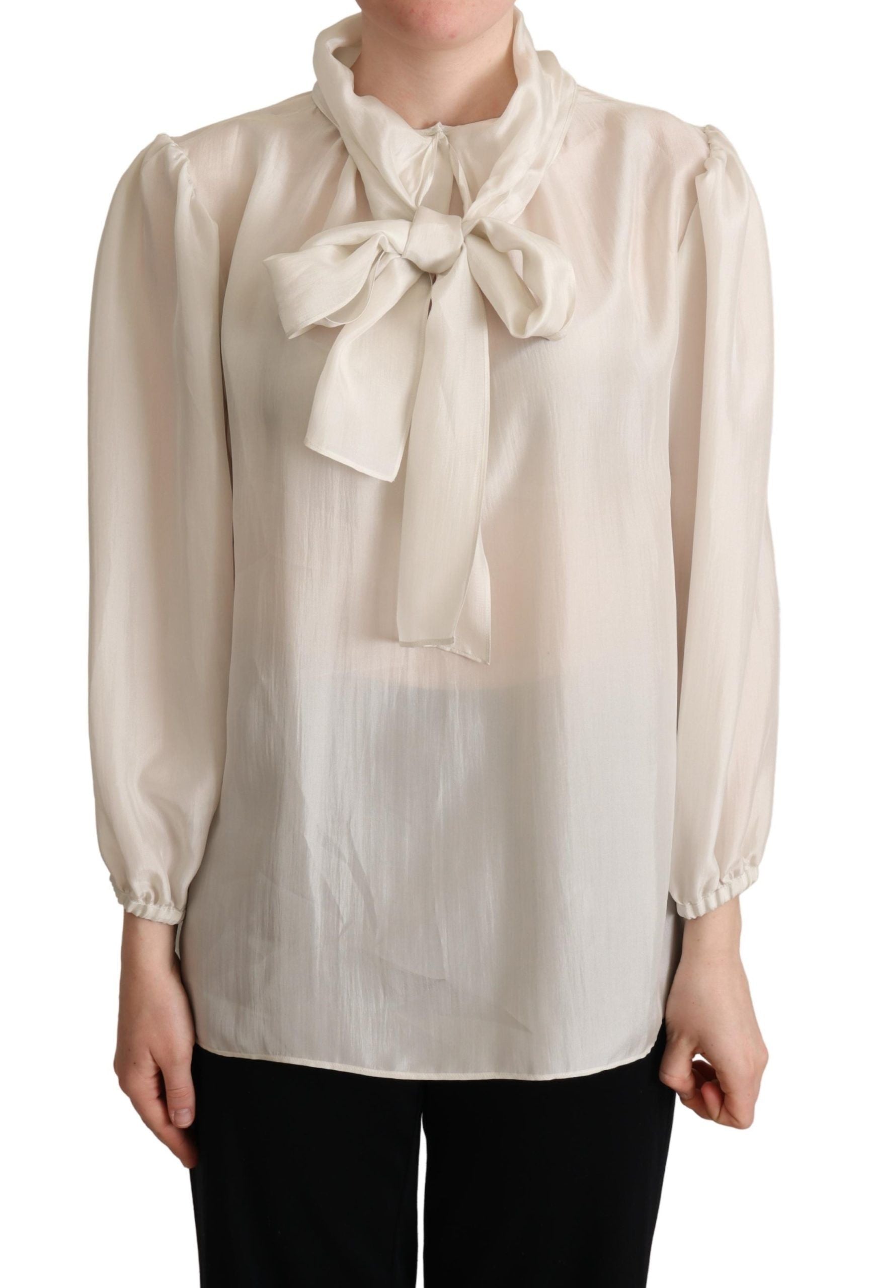 Dolce & Gabbana light grey shirt with ascot collar, silk blouse, top-1