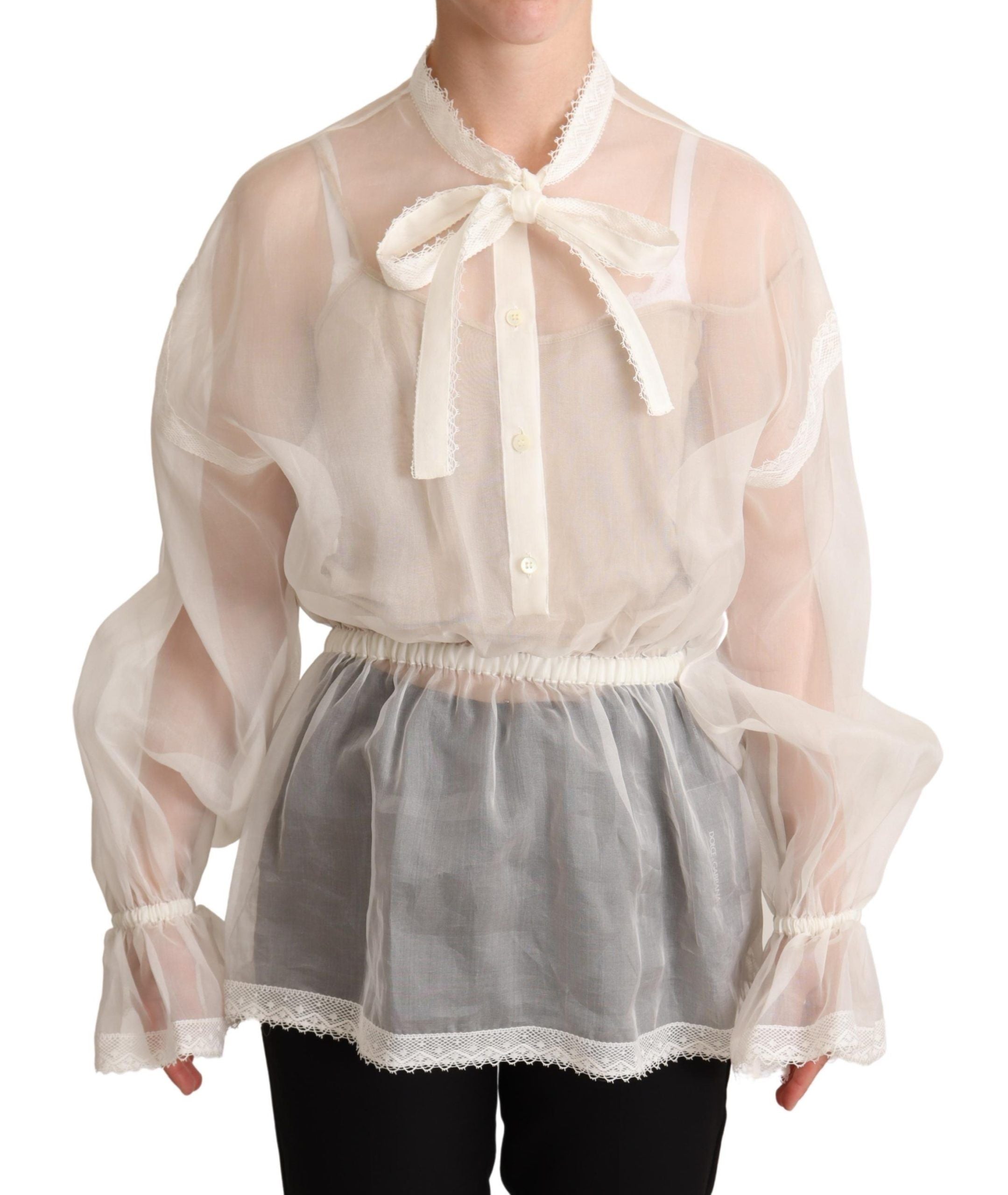 Dolce & Gabbana Weißes Blusentop mit Ascot-Kragen und langen Ärmeln-1