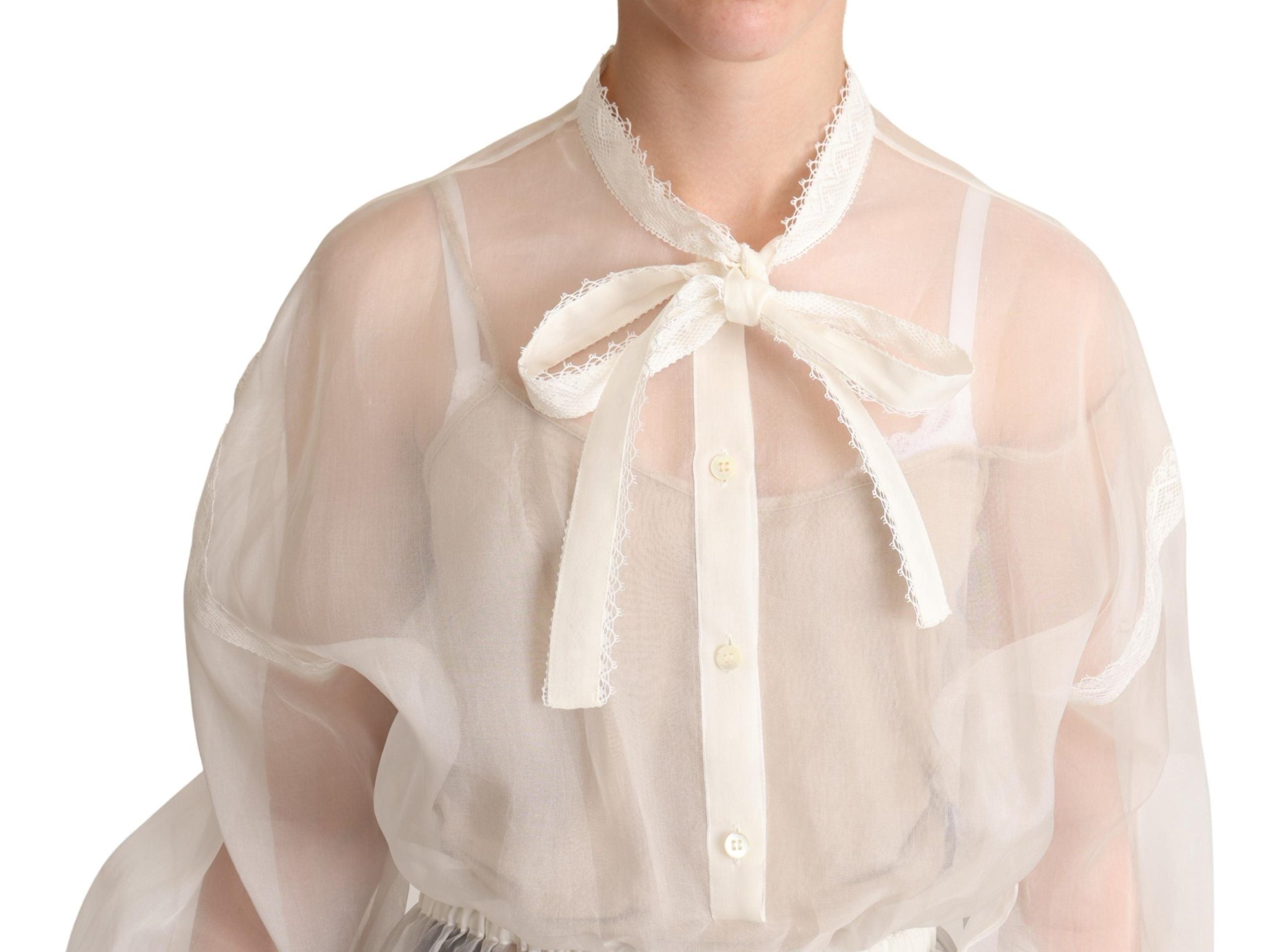 Dolce & Gabbana Weißes Blusentop mit Ascot-Kragen und langen Ärmeln-4