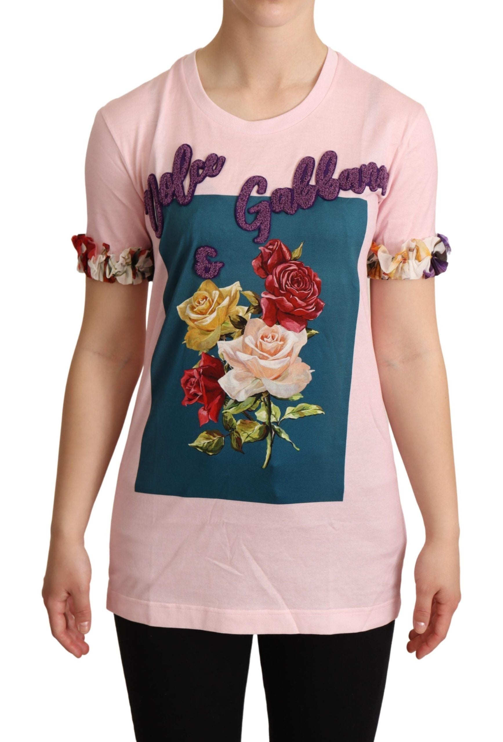 Dolce & Gabbana pink cotton T-shirt with floral roses and round neck