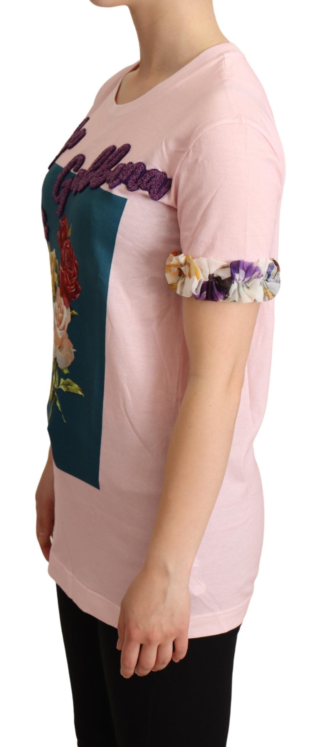 Dolce & Gabbana pink cotton T-shirt with floral roses and round neck-2